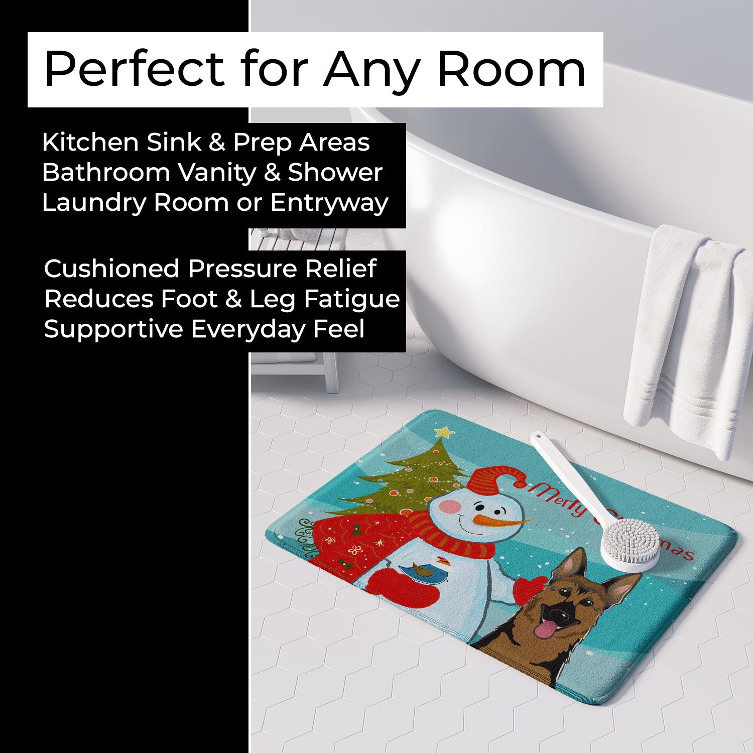 Snowman with German Shepherd Memory Foam Kitchen Mat Machine Washable Anti-Fatigue Cushion Comfort Bath or Kitchen Rug