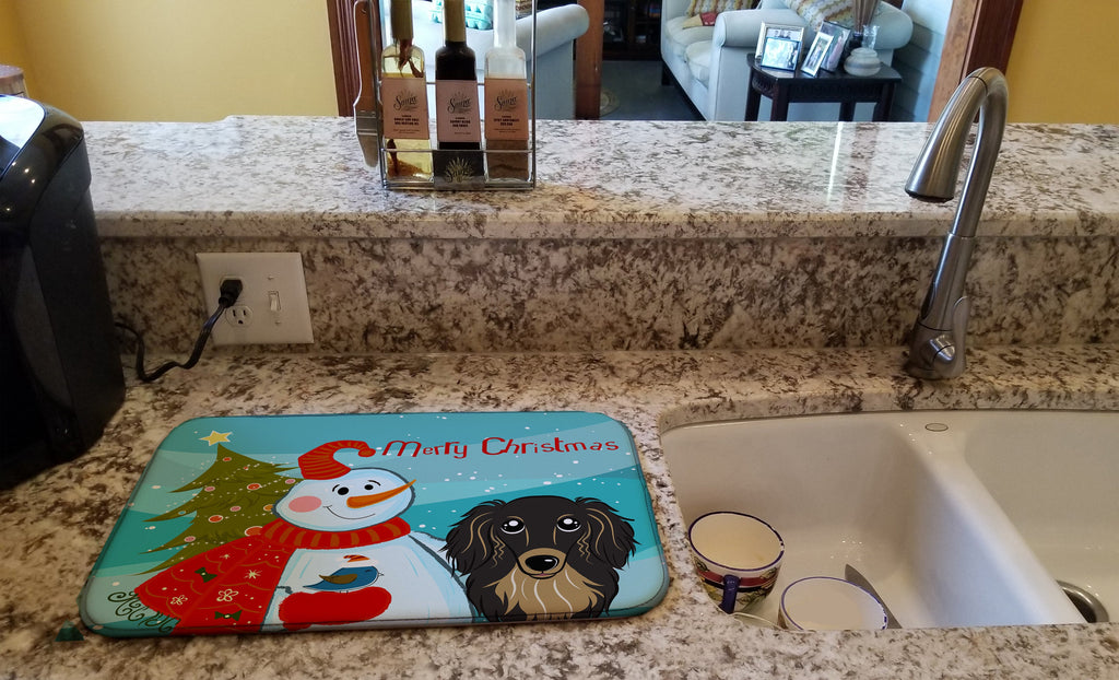 Snowman with Longhair Black and Tan Dachshund Dish Drying Mat Absorbent Dish Drying Mat Pad for Kitchen Counter Dish Drainer Mat for Countertop, 14 x 21", Multicolor