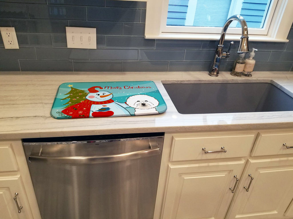 Snowman with Bichon Frise Dish Drying Mat Absorbent Dish Drying Mat Pad for Kitchen Counter Dish Drainer Mat for Countertop, 14 x 21", Multicolor