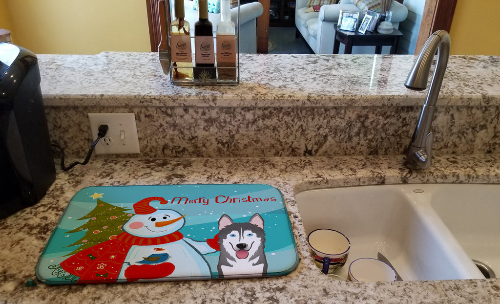 Snowman with Alaskan Malamute Dish Drying Mat Absorbent Dish Drying Mat Pad for Kitchen Counter Dish Drainer Mat for Countertop, 14 x 21", Multicolor