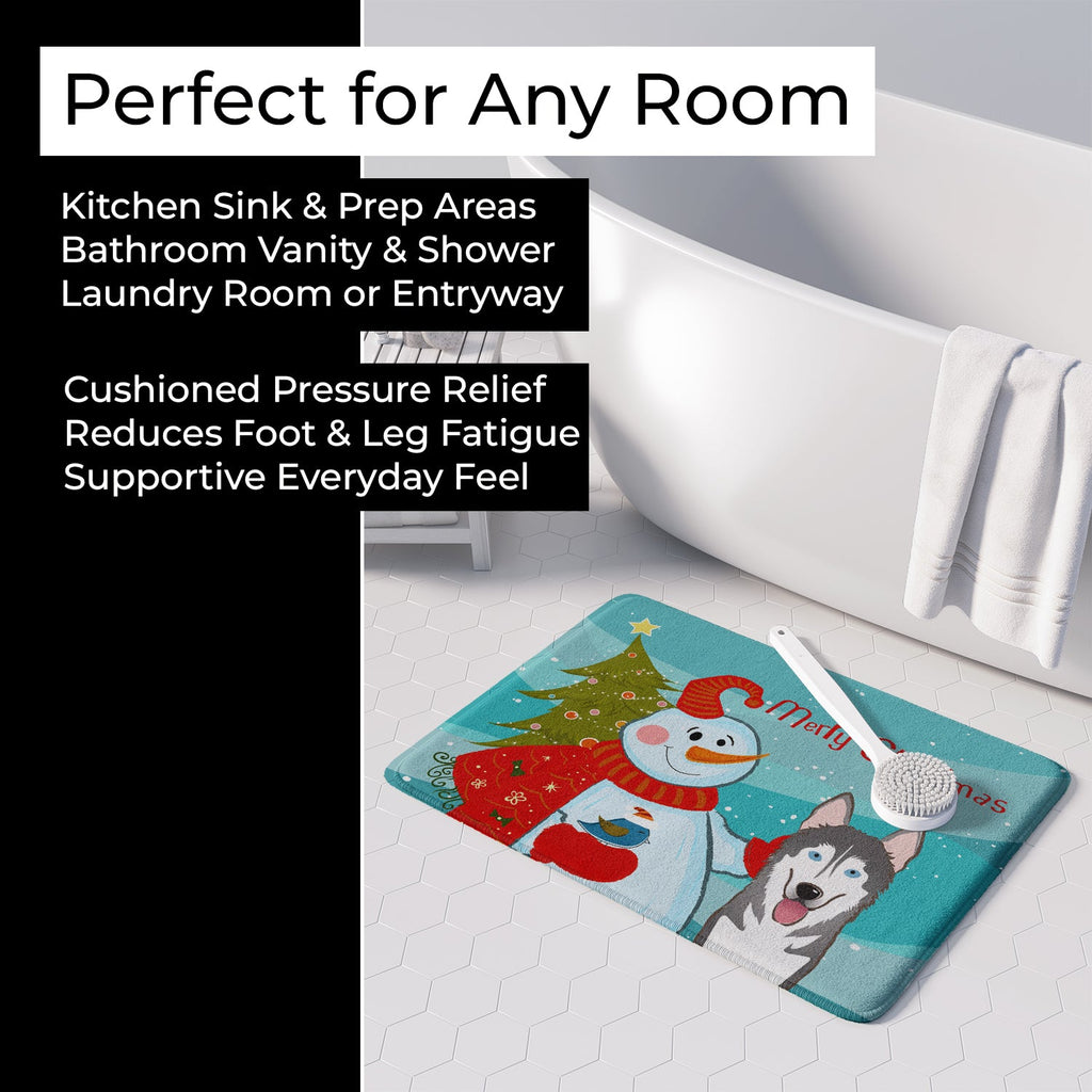 Snowman with Alaskan Malamute Memory Foam Kitchen Mat Machine Washable Anti-Fatigue Cushion Comfort Bath or Kitchen Rug