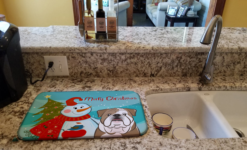 Snowman with English Bulldog  Dish Drying Mat Absorbent Dish Drying Mat Pad for Kitchen Counter Dish Drainer Mat for Countertop, 14 x 21", Multicolor