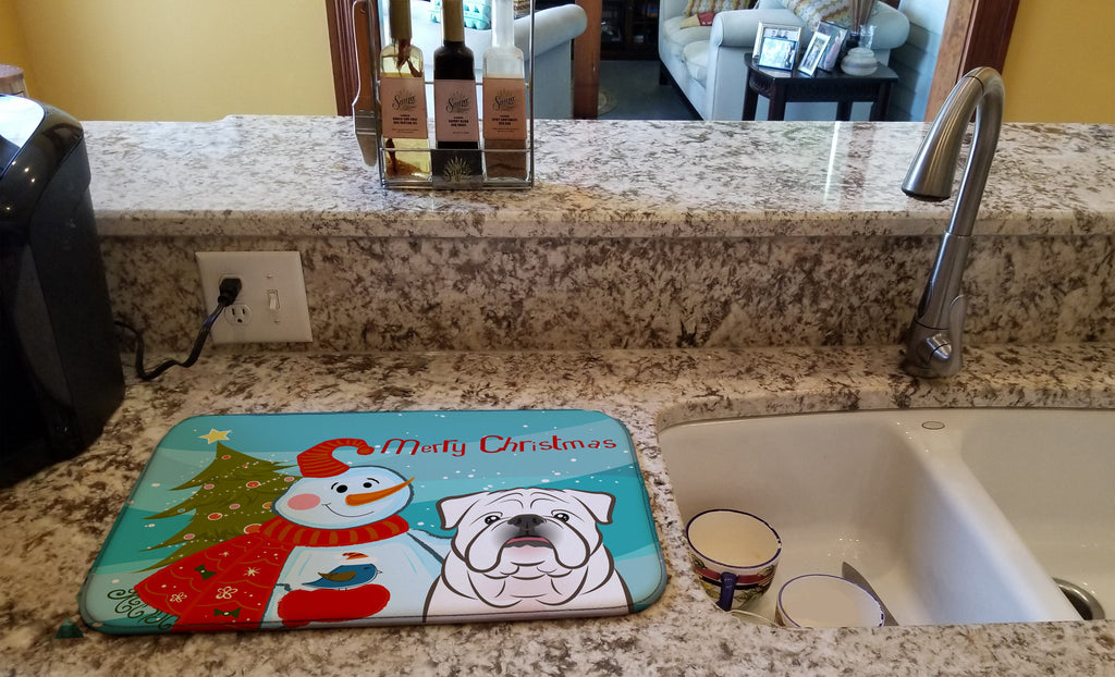 Snowman with White English Bulldog  Dish Drying Mat Absorbent Dish Drying Mat Pad for Kitchen Counter Dish Drainer Mat for Countertop, 14 x 21", Multicolor