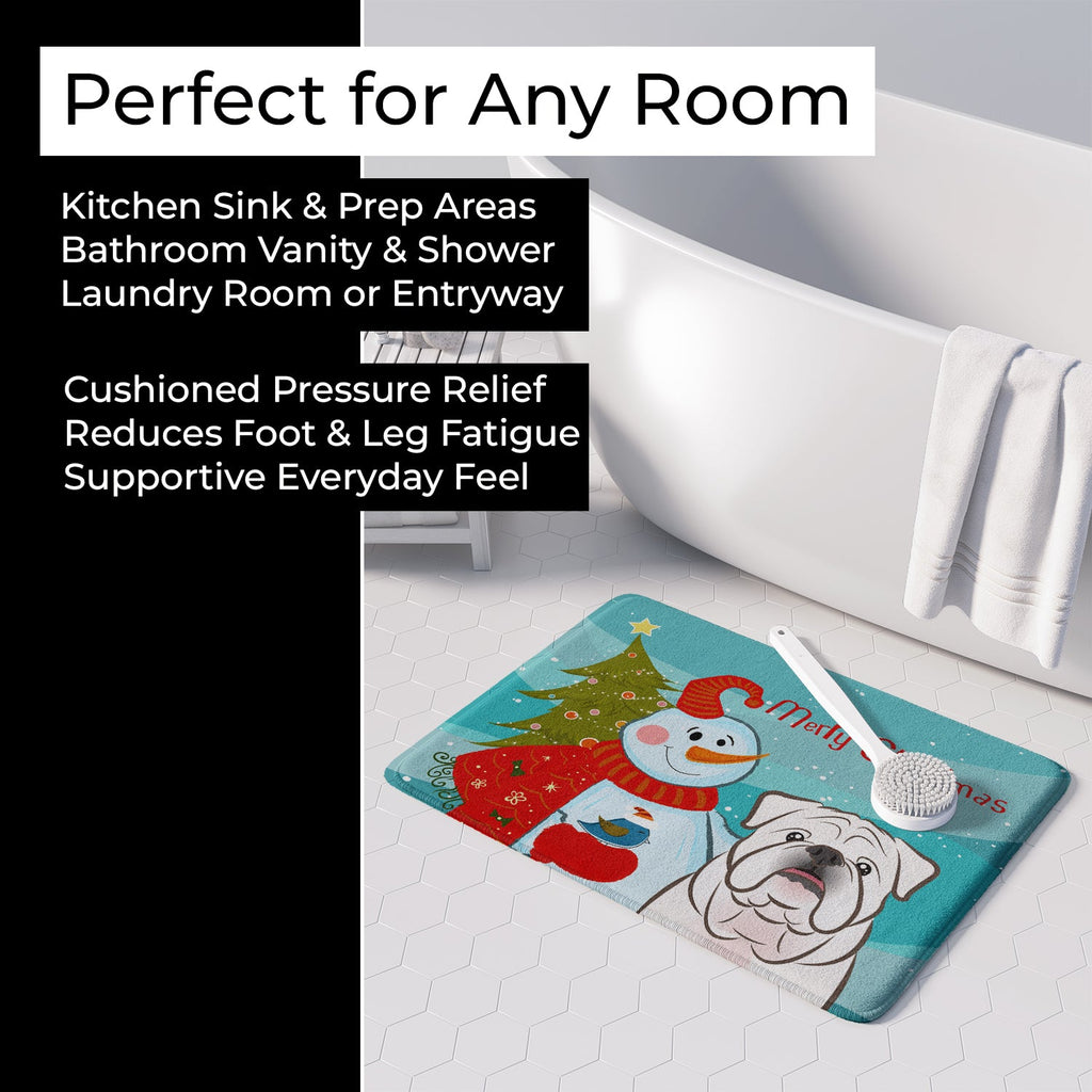 Snowman with White English Bulldog  Memory Foam Kitchen Mat Machine Washable Anti-Fatigue Cushion Comfort Bath or Kitchen Rug