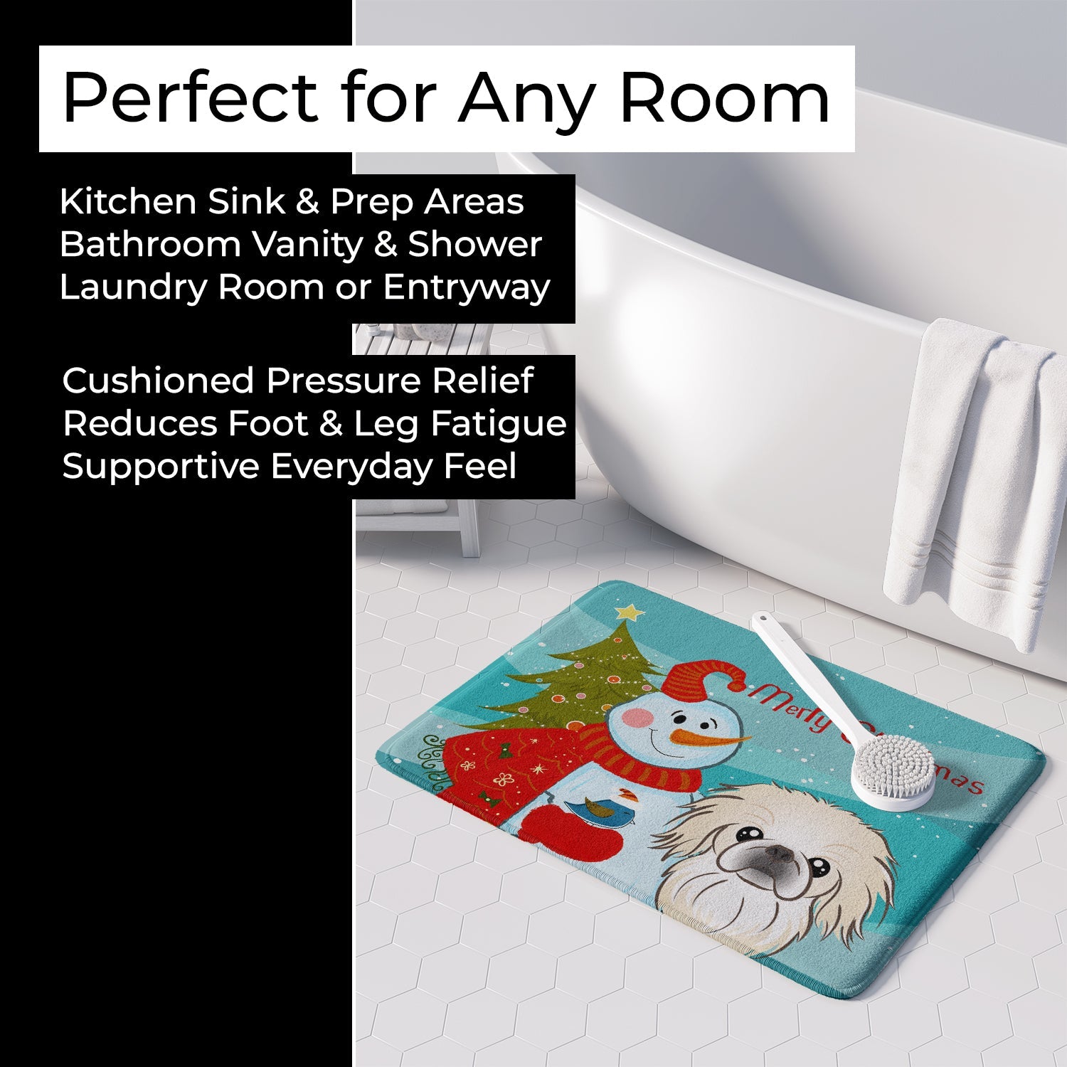 Snowman with Pekingese Memory Foam Kitchen Mat Machine Washable Anti-Fatigue Cushion Comfort Bath or Kitchen Rug