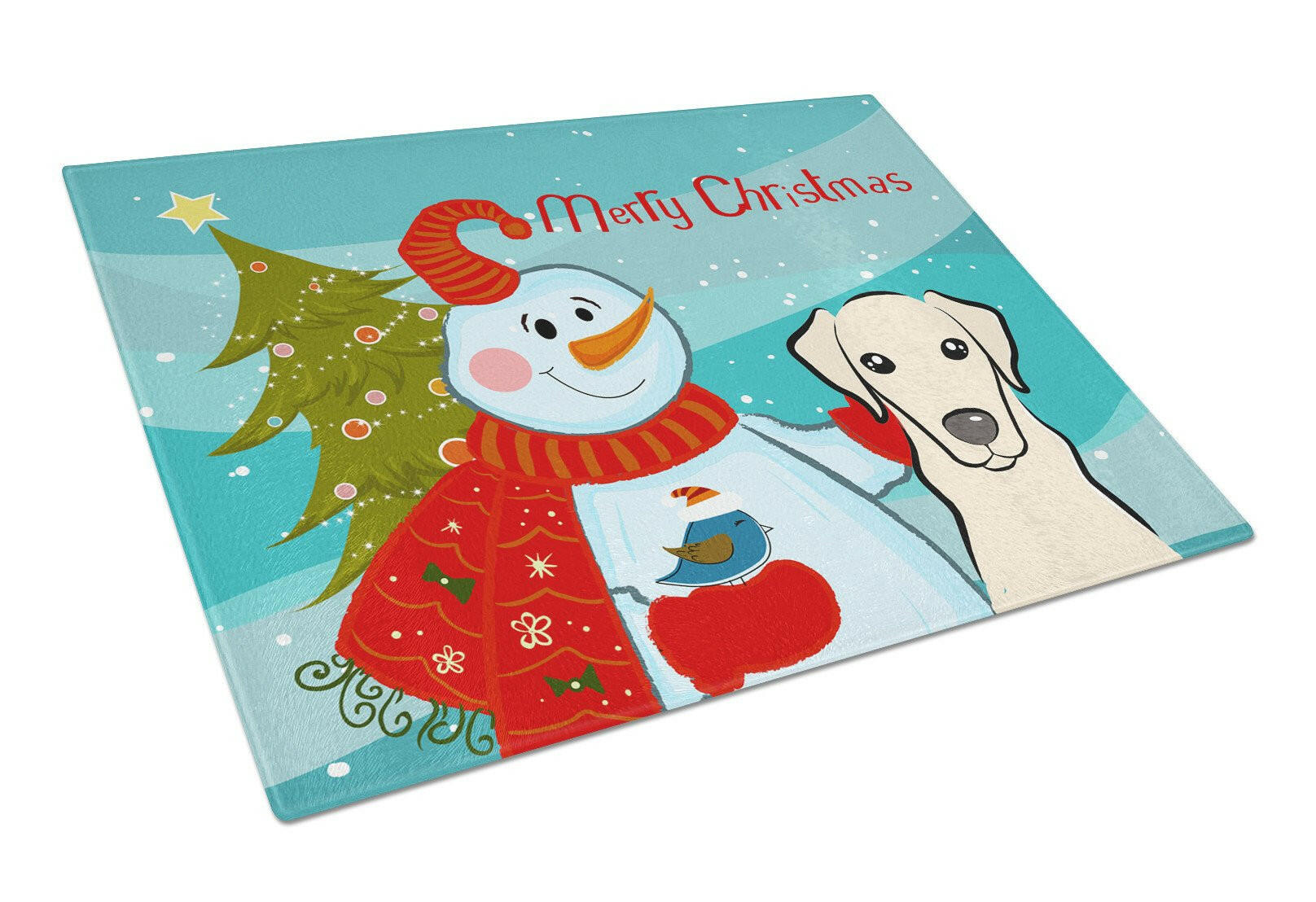 Snowman with Yellow Labrador Cutting Board Tempered Glass Kitchen Cutting Surface, Heat Resistant Chopping, Non-Slip Feet, Food Prep & Serving