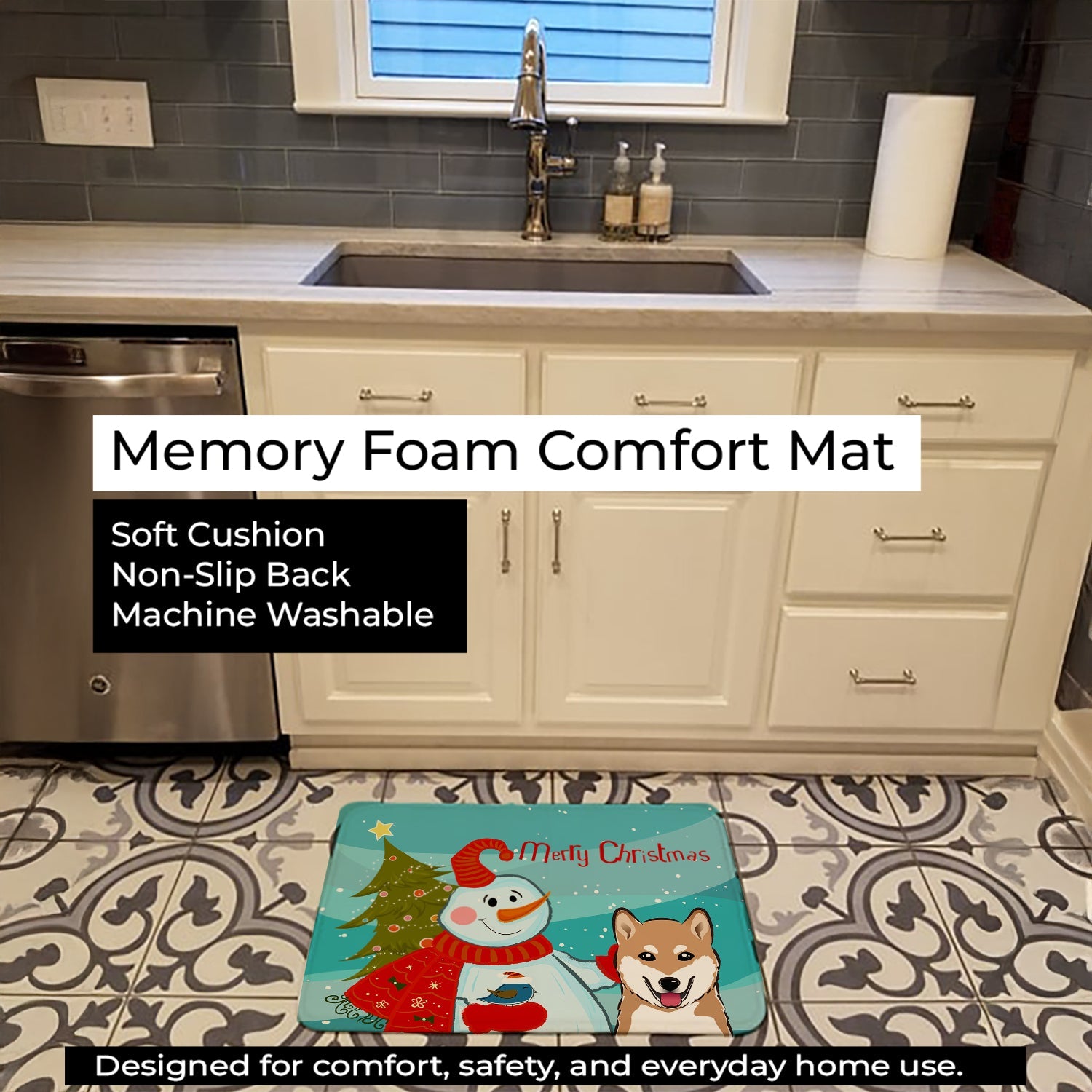 Snowman with Shiba Inu Memory Foam Kitchen Mat Machine Washable Anti-Fatigue Cushion Comfort Bath or Kitchen Rug