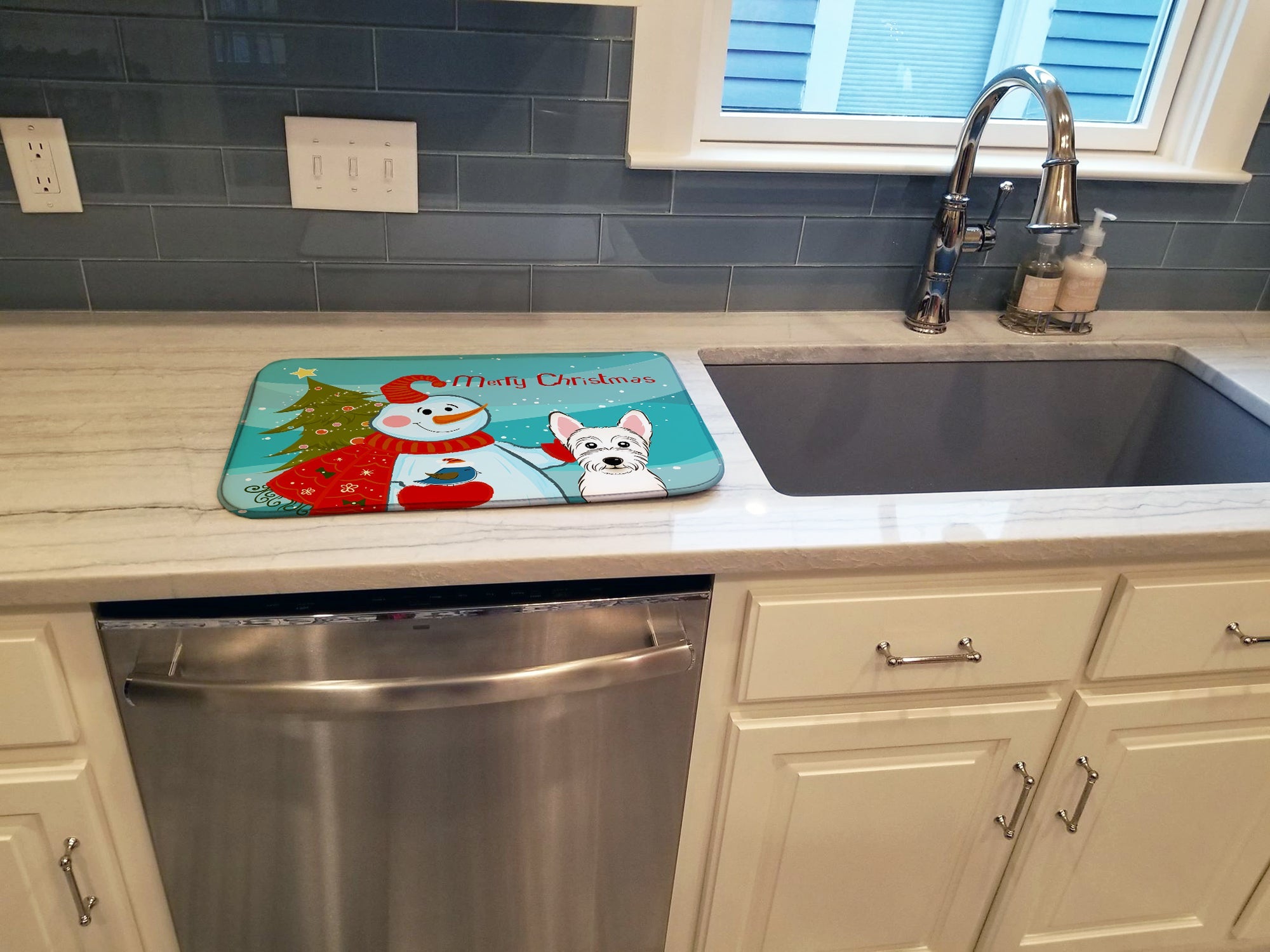 Snowman with Westie Dish Drying Mat Absorbent Dish Drying Mat Pad for Kitchen Counter Dish Drainer Mat for Countertop, 14 x 21", Multicolor