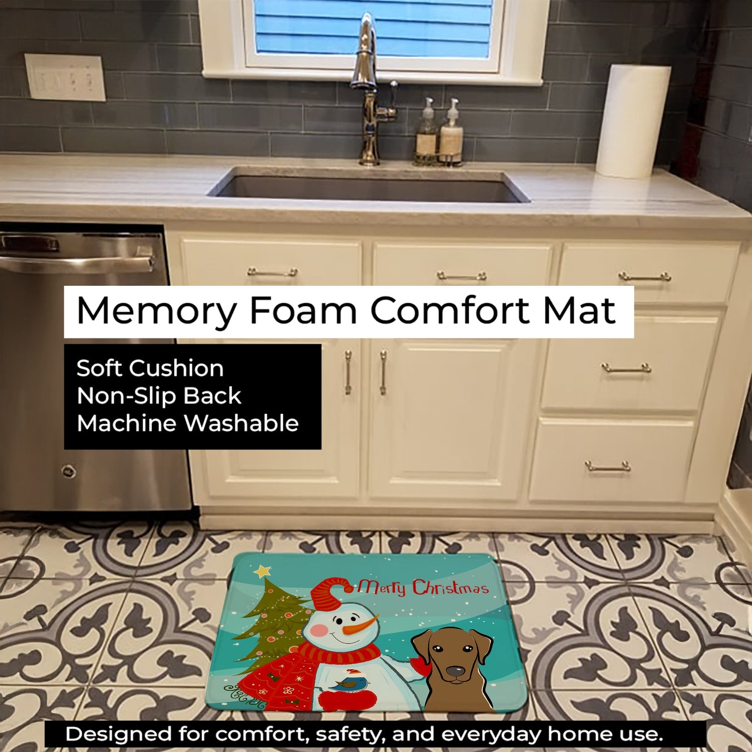 Snowman with Chocolate Labrador Memory Foam Kitchen Mat Machine Washable Anti-Fatigue Cushion Comfort Bath or Kitchen Rug