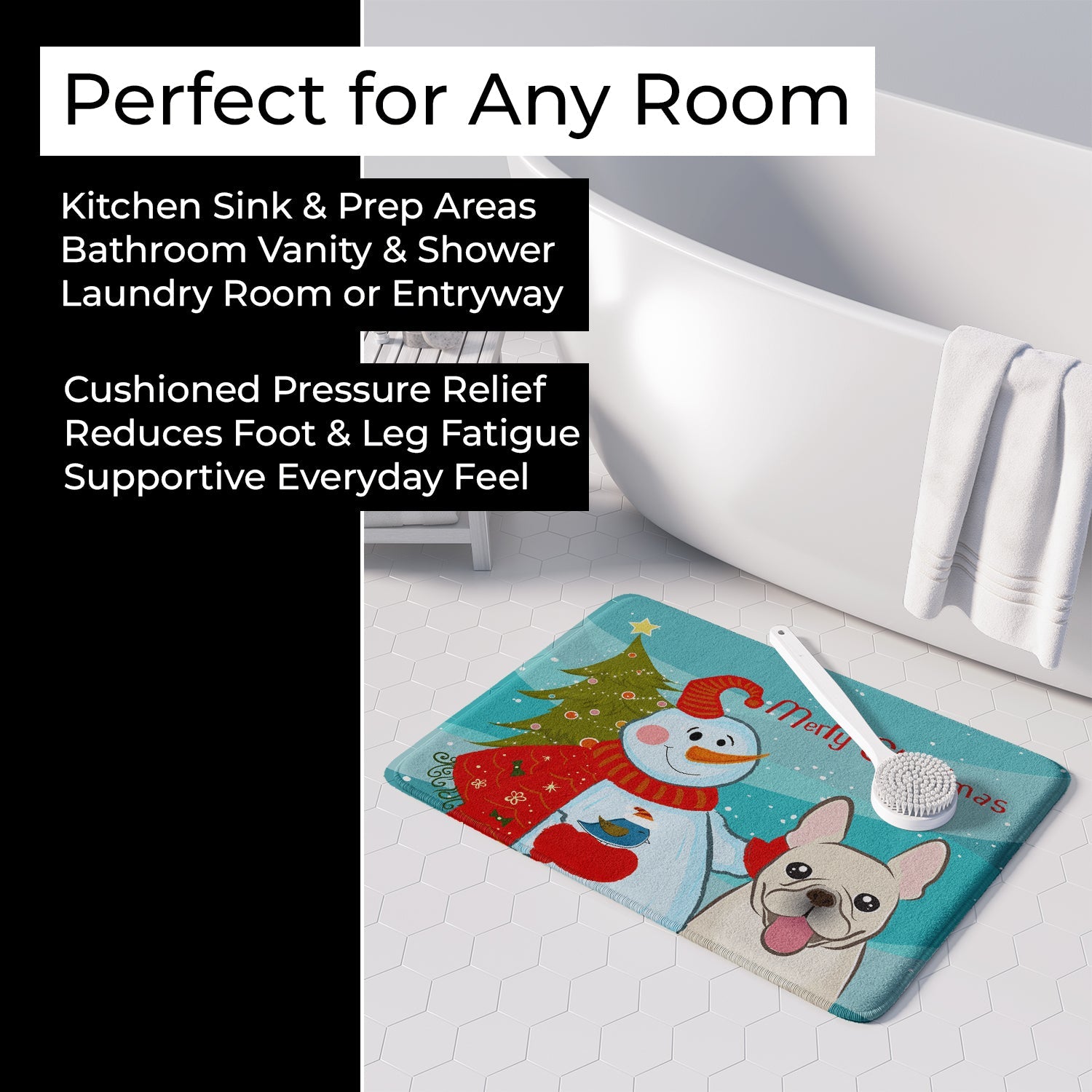 Snowman with French Bulldog Memory Foam Kitchen Mat Machine Washable Anti-Fatigue Cushion Comfort Bath or Kitchen Rug