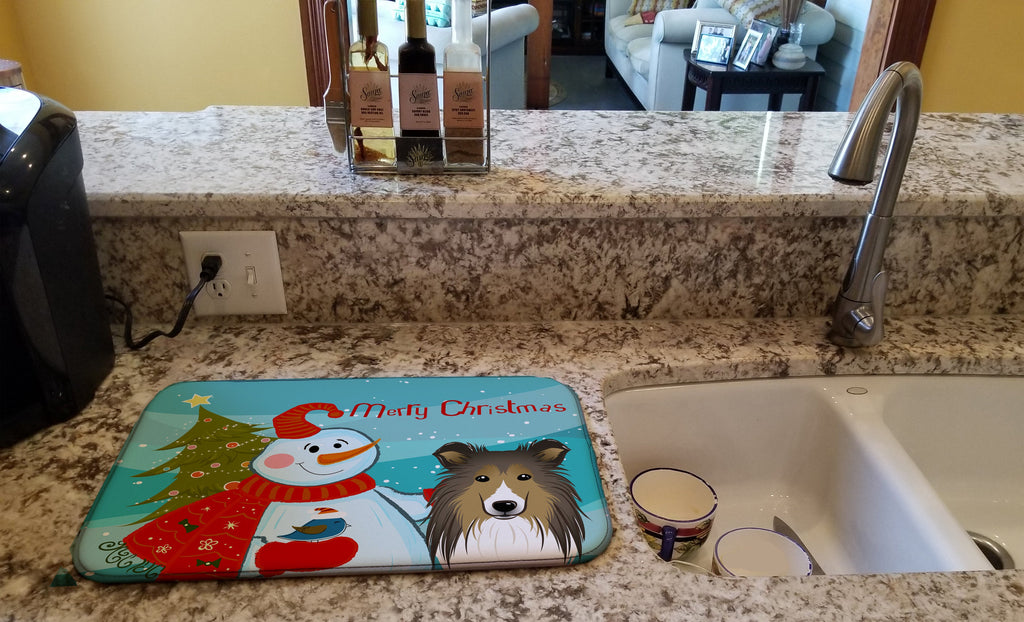 Snowman with Sheltie Dish Drying Mat Absorbent Dish Drying Mat Pad for Kitchen Counter Dish Drainer Mat for Countertop, 14 x 21", Multicolor
