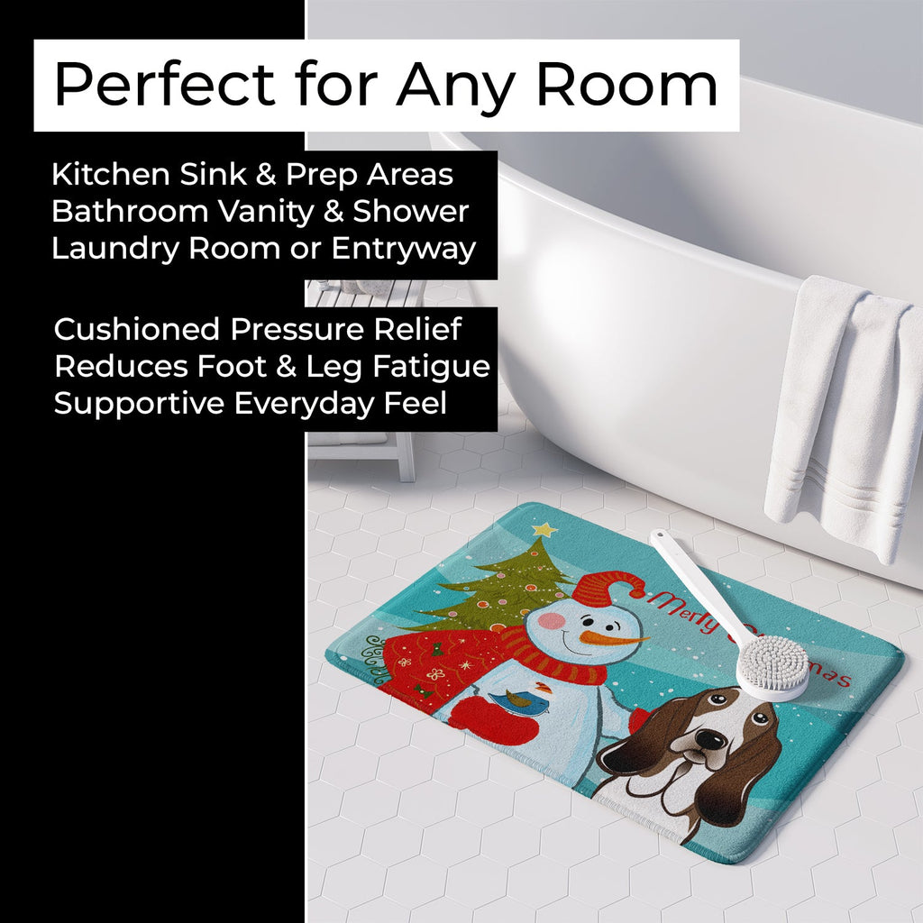Snowman with Basset Hound Memory Foam Kitchen Mat Machine Washable Anti-Fatigue Cushion Comfort Bath or Kitchen Rug
