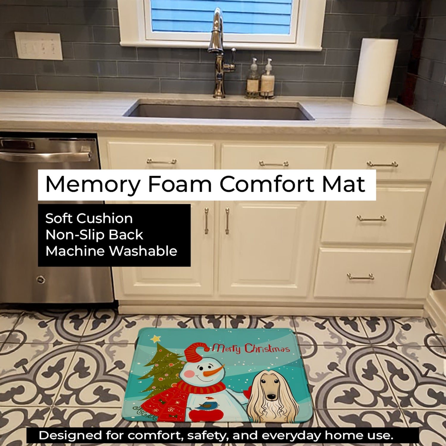 Snowman with Afghan Hound Memory Foam Kitchen Mat Machine Washable Anti-Fatigue Cushion Comfort Bath or Kitchen Rug
