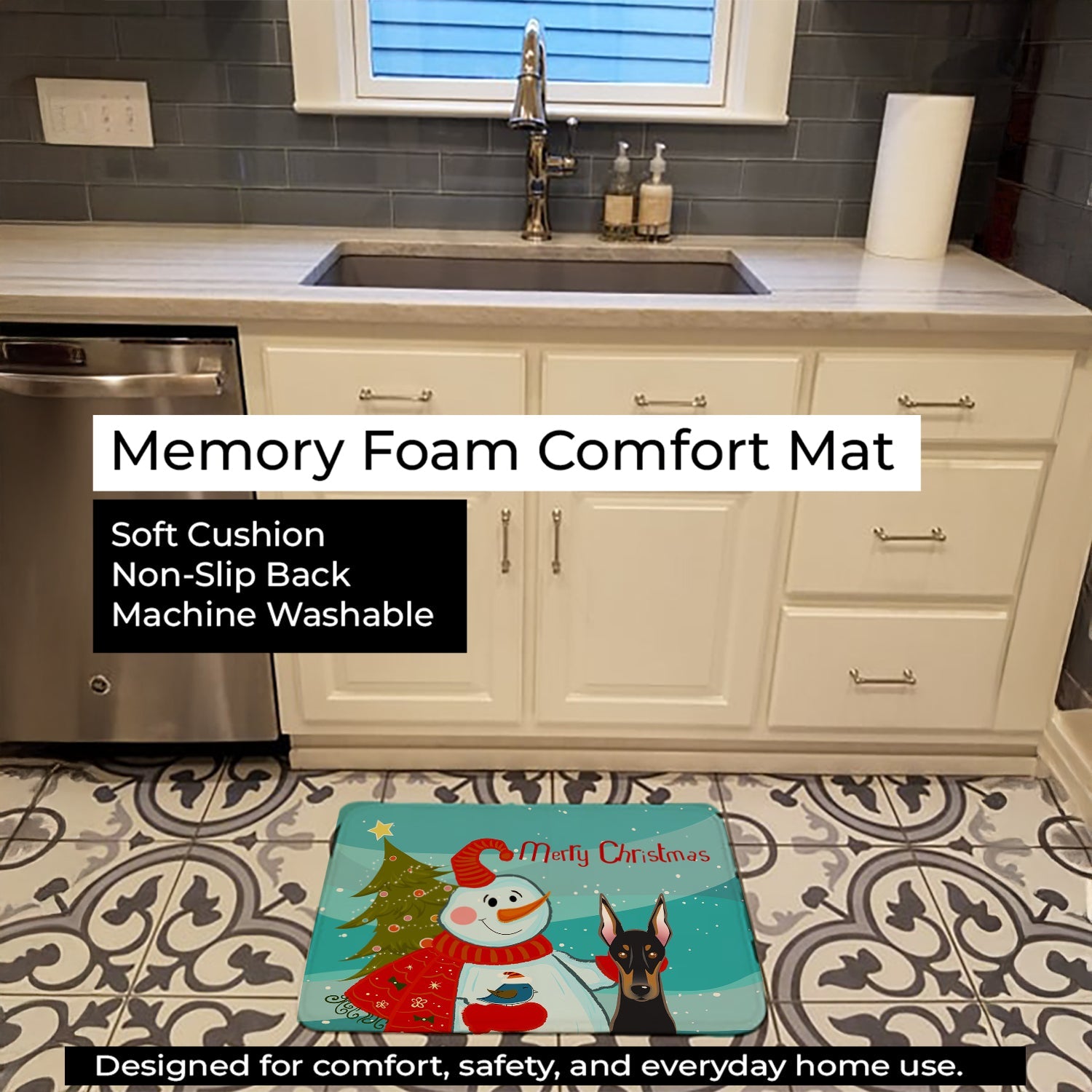 Snowman with Doberman Memory Foam Kitchen Mat Machine Washable Anti-Fatigue Cushion Comfort Bath or Kitchen Rug