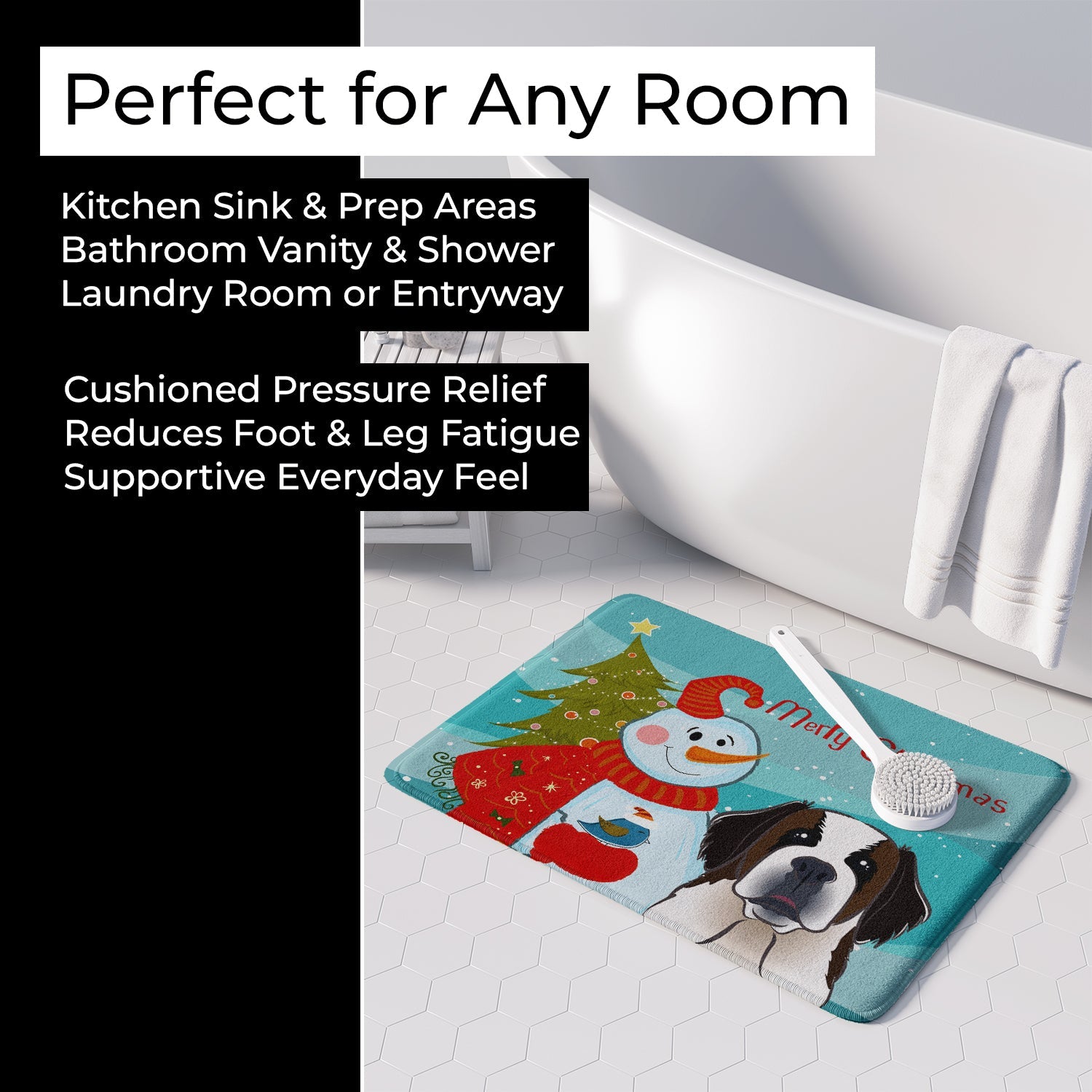 Snowman with Saint Bernard Memory Foam Kitchen Mat Machine Washable Anti-Fatigue Cushion Comfort Bath or Kitchen Rug