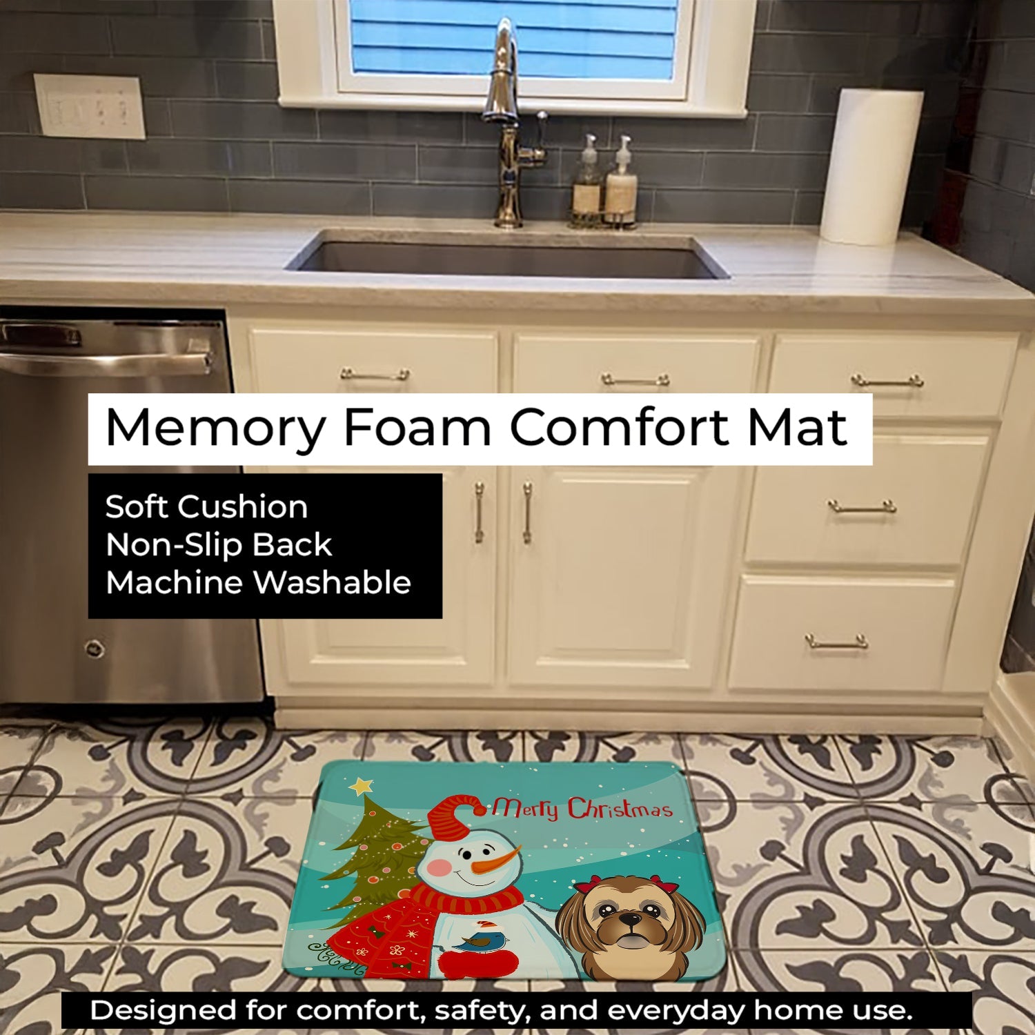 Snowman with Chocolate Brown Shih Tzu Memory Foam Kitchen Mat Machine Washable Anti-Fatigue Cushion Comfort Bath or Kitchen Rug