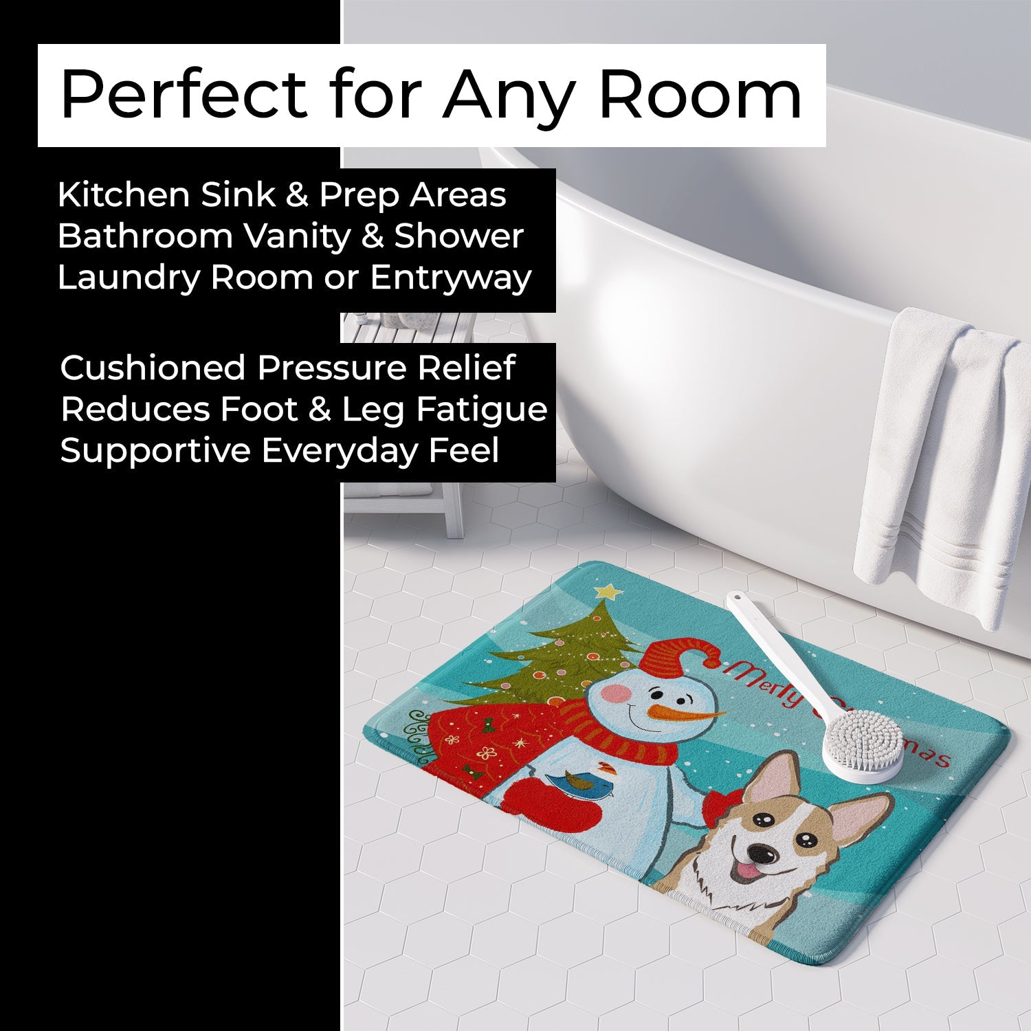 Snowman with Sable Corgi Memory Foam Kitchen Mat Machine Washable Anti-Fatigue Cushion Comfort Bath or Kitchen Rug