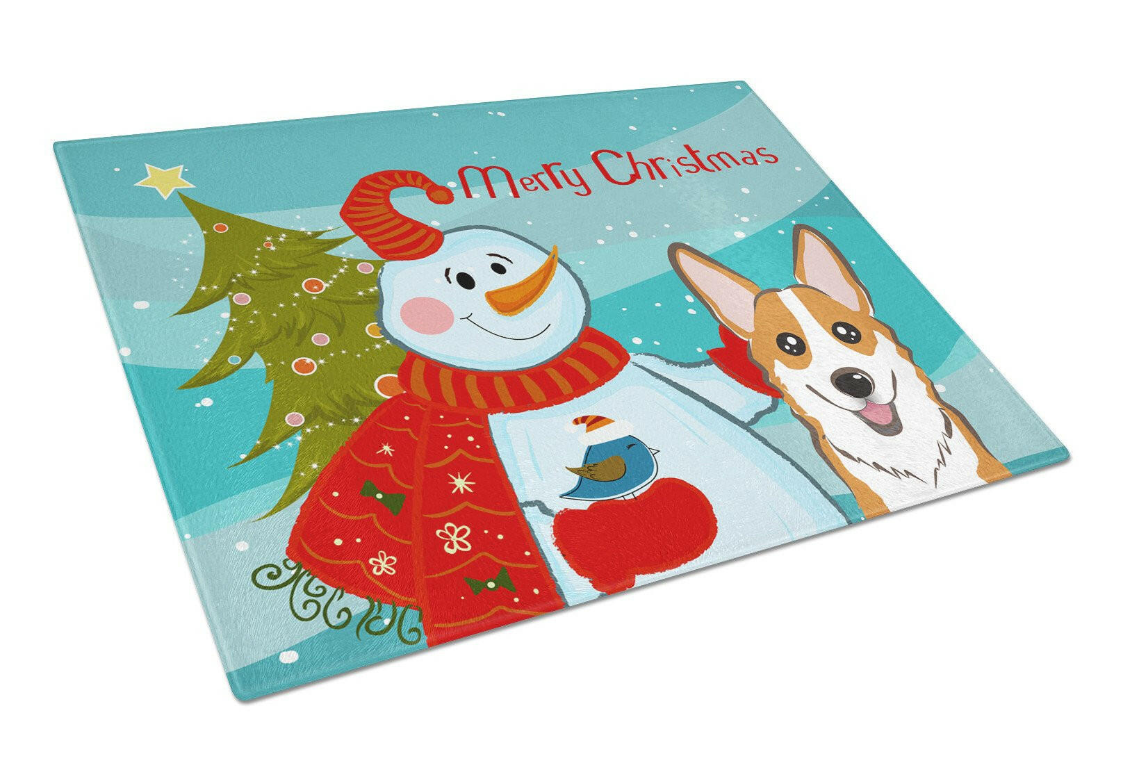 Snowman with Red Corgi Cutting Board Tempered Glass Kitchen Cutting Surface, Heat Resistant Chopping, Non-Slip Feet, Food Prep & Serving