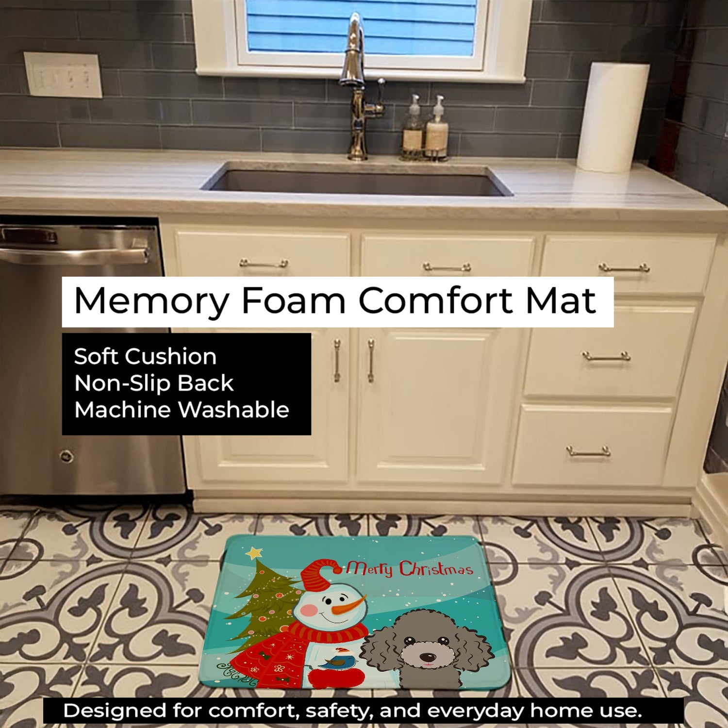 Snowman with Silver Gray Poodle Memory Foam Kitchen Mat Machine Washable Anti-Fatigue Cushion Comfort Bath or Kitchen Rug
