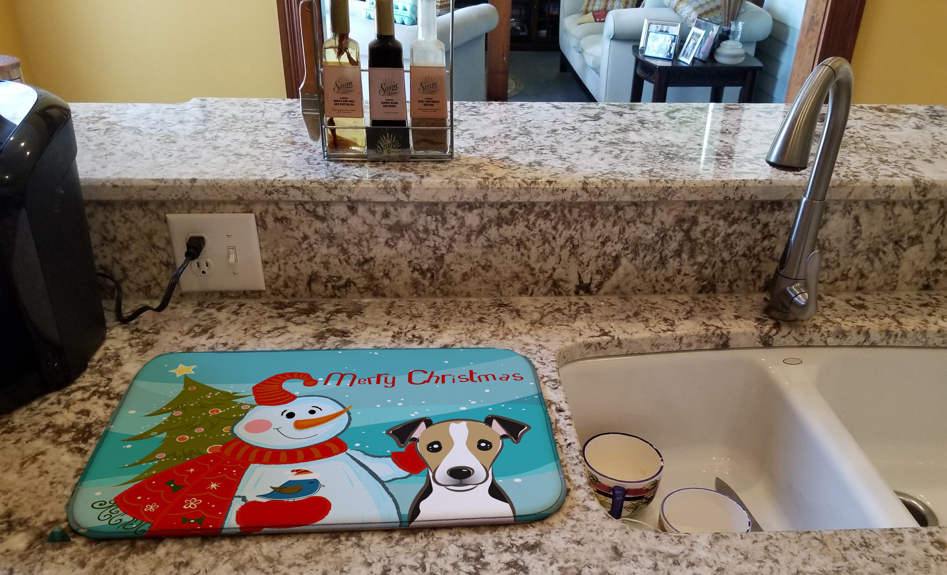 Snowman with Jack Russell Terrier Dish Drying Mat Absorbent Dish Drying Mat Pad for Kitchen Counter Dish Drainer Mat for Countertop, 14 x 21", Multicolor