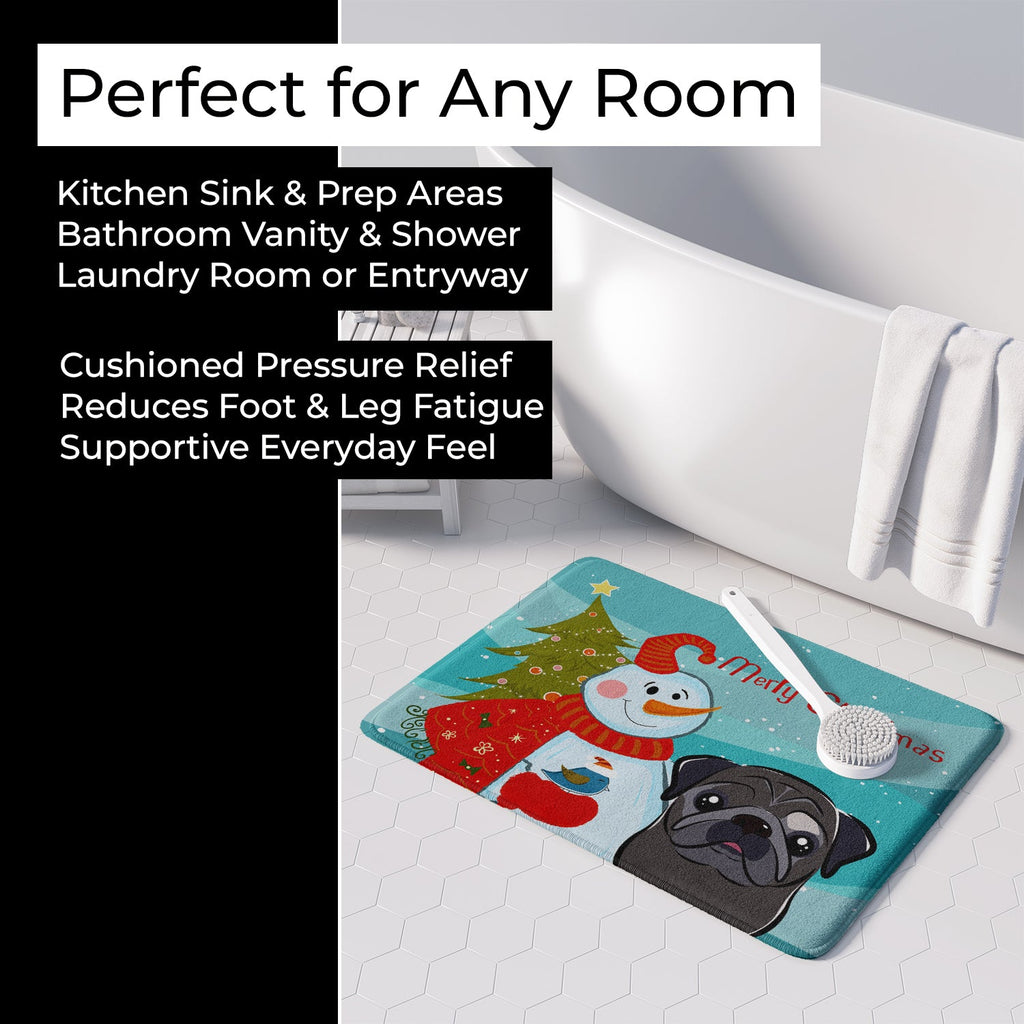 Snowman with Black Pug Memory Foam Kitchen Mat Machine Washable Anti-Fatigue Cushion Comfort Bath or Kitchen Rug