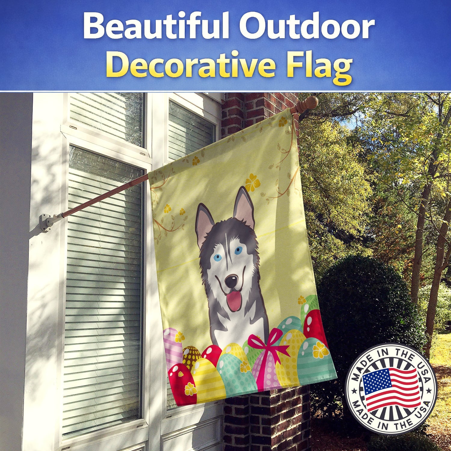 Alaskan Malamute Easter Egg Hunt House Flag 28x40 Porch Sleeve Pole Decorative Outside Yard Banner Artwork Wall Hanging, Polyester