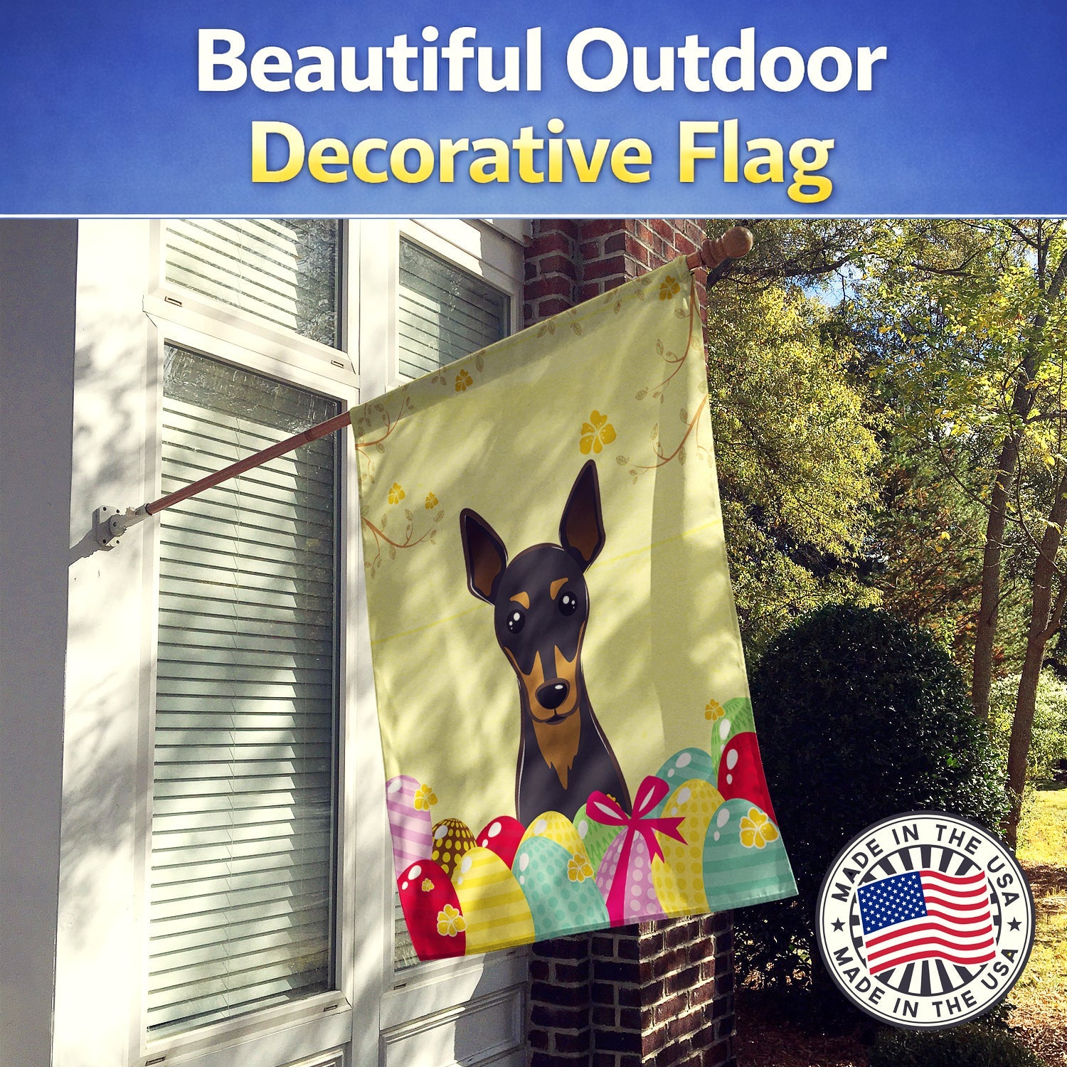 Min Pin Easter Egg Hunt House Flag 28x40 Porch Sleeve Pole Decorative Outside Yard Banner Artwork Wall Hanging, Polyester