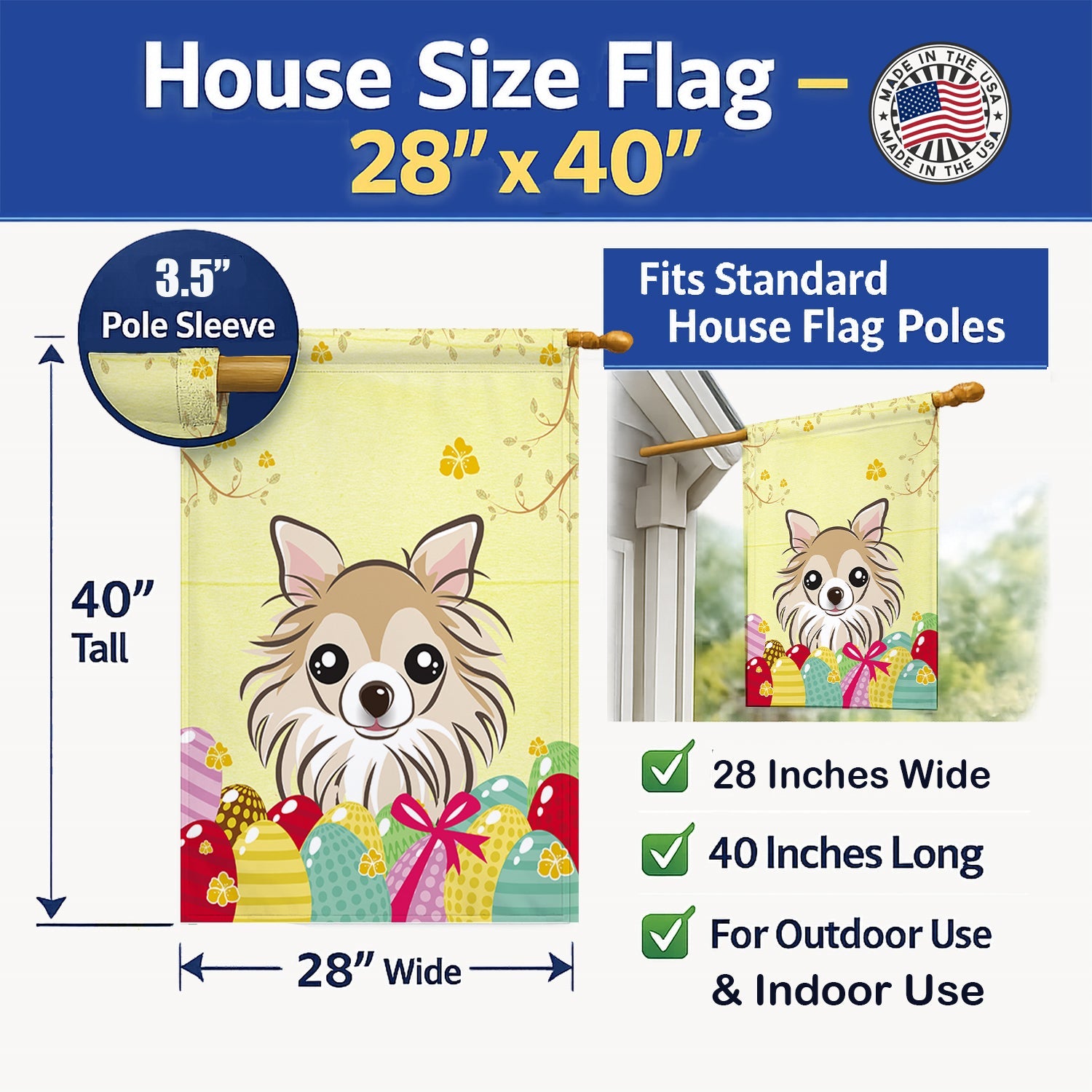 Chihuahua Easter Egg Hunt House Flag 28x40 Porch Sleeve Pole Decorative Outside Yard Banner Artwork Wall Hanging, Polyester