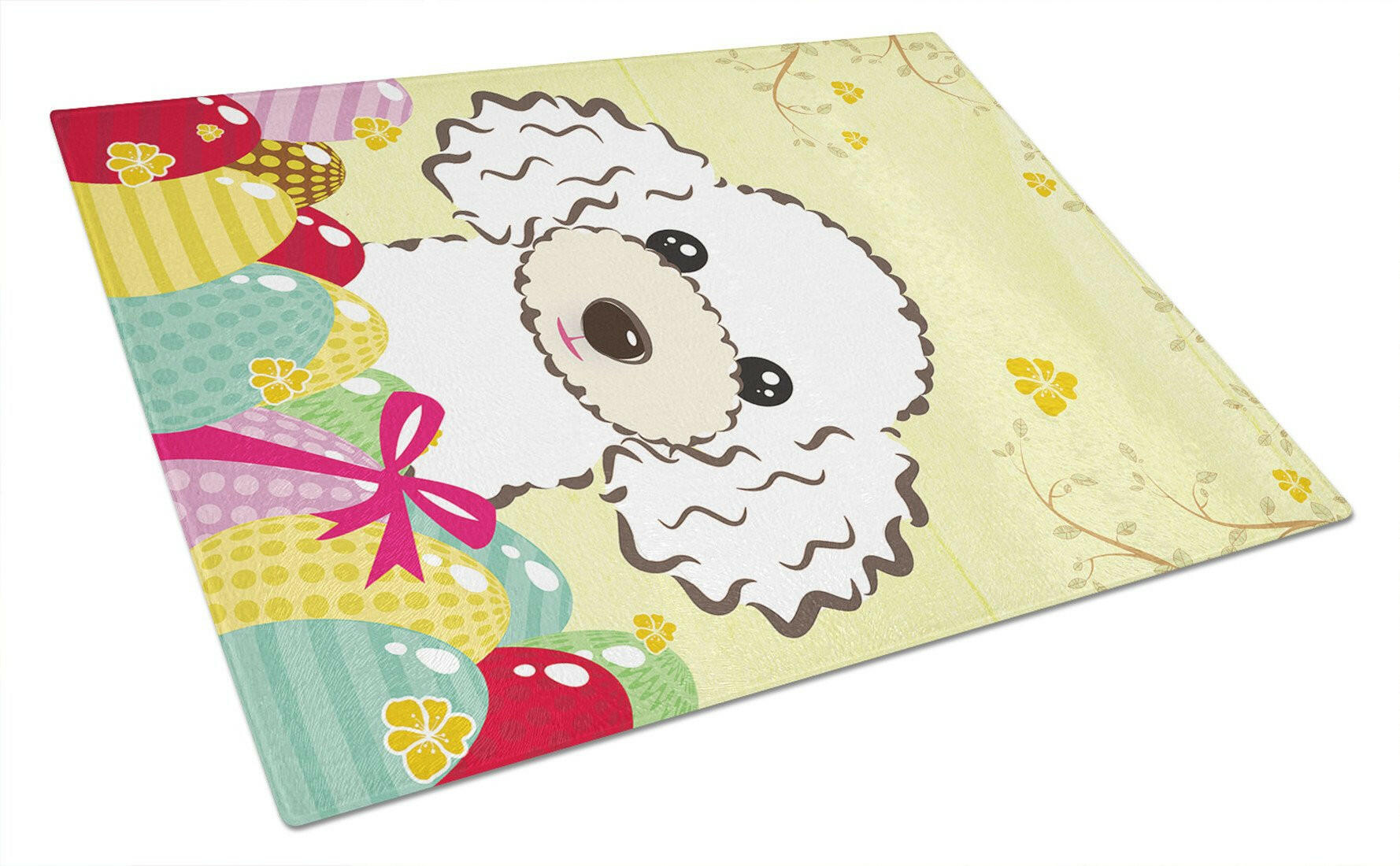 White Poodle Easter Egg Hunt Cutting Board Tempered Glass Kitchen Cutting Surface, Heat Resistant Chopping, Non-Slip Feet, Food Prep & Serving