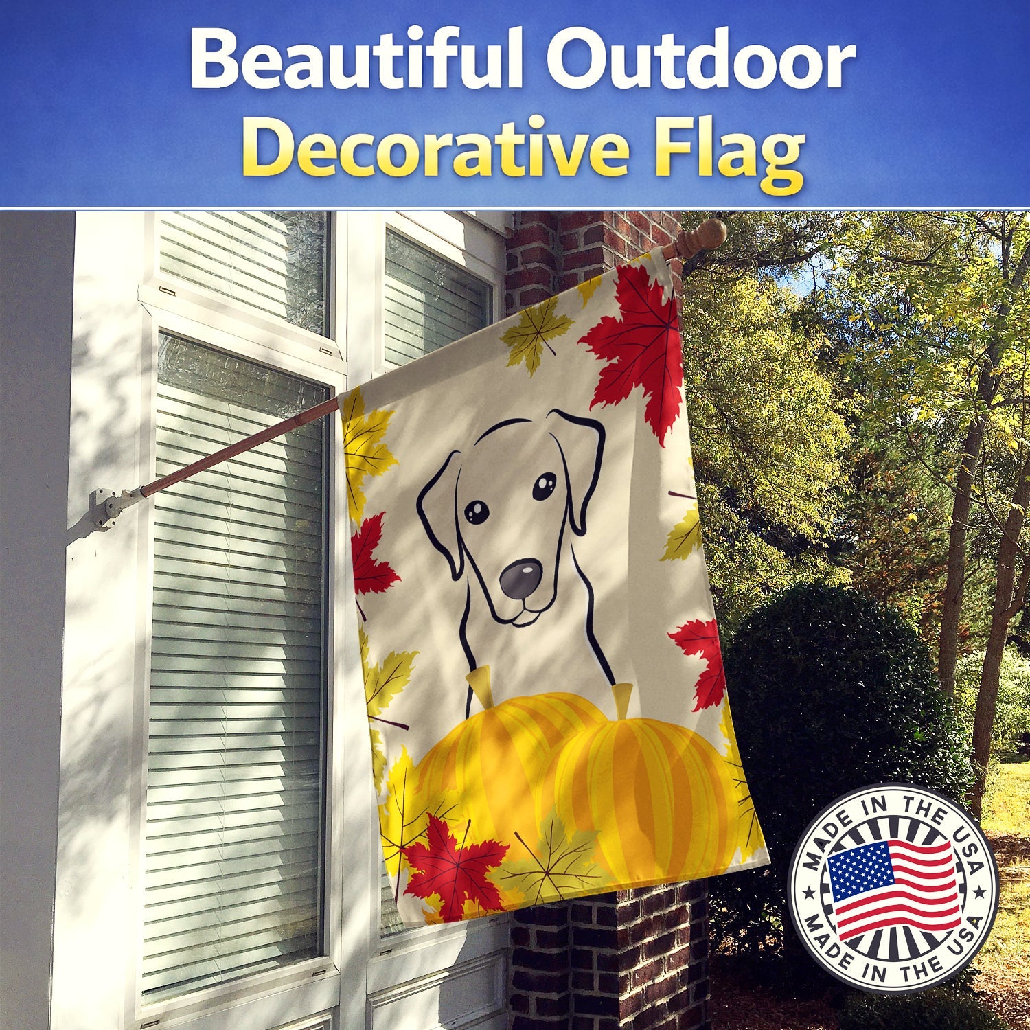 Yellow Labrador Thanksgiving House Flag 28x40 Porch Sleeve Pole Decorative Outside Yard Banner Artwork Wall Hanging, Polyester