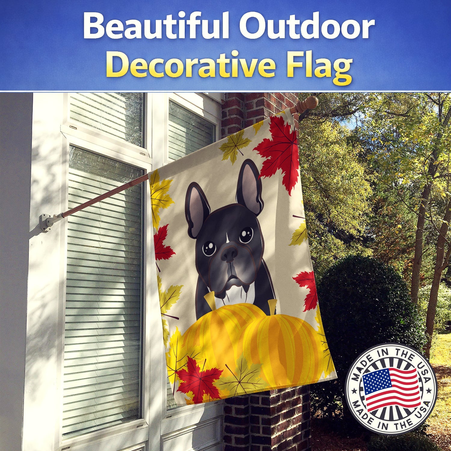French Bulldog Thanksgiving House Flag 28x40 Porch Sleeve Pole Decorative Outside Yard Banner Artwork Wall Hanging, Polyester