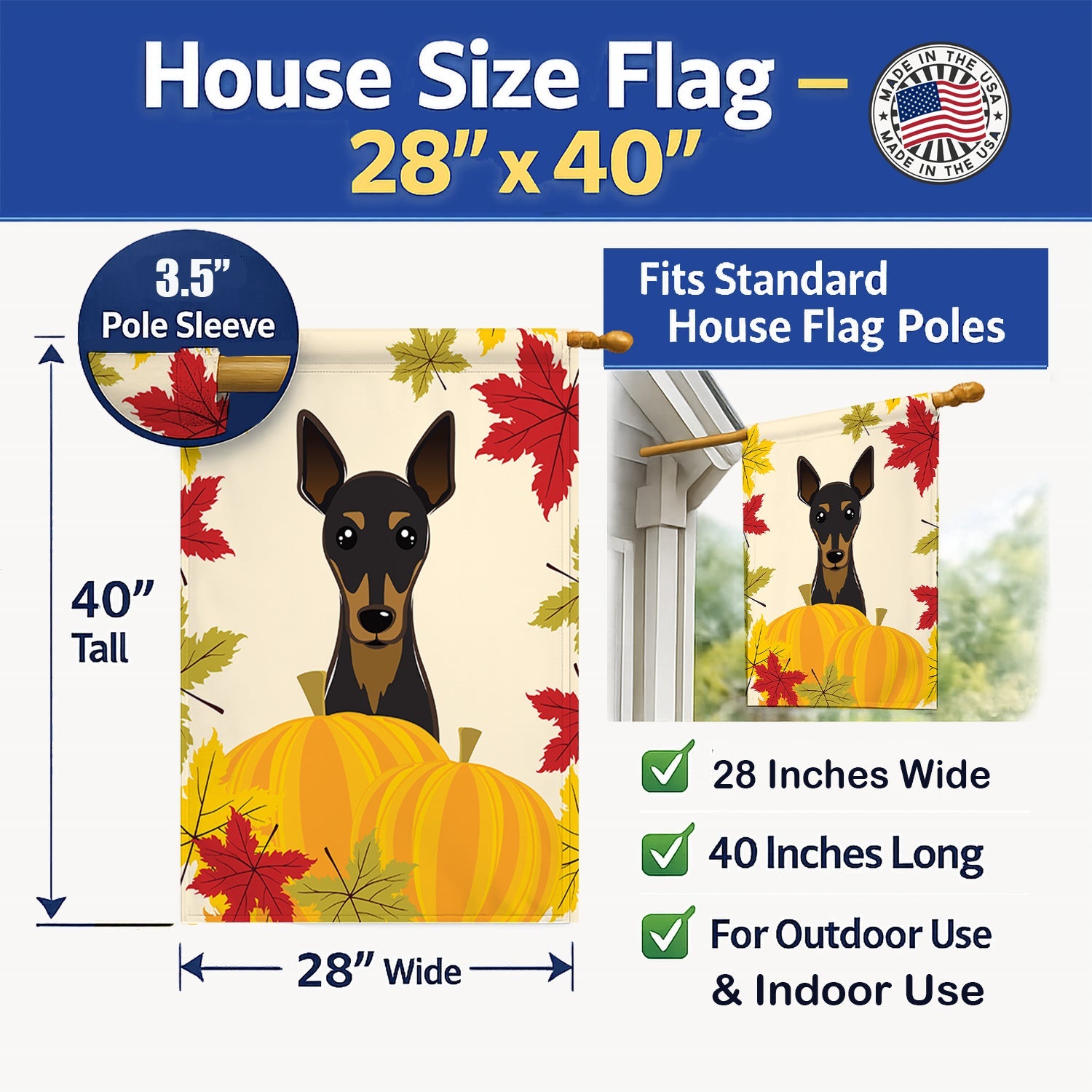 Min Pin Thanksgiving House Flag 28x40 Porch Sleeve Pole Decorative Outside Yard Banner Artwork Wall Hanging, Polyester