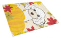 White Poodle Thanksgiving Cutting Board Tempered Glass Kitchen Cutting Surface, Heat Resistant Chopping, Non-Slip Feet, Food Prep & Serving