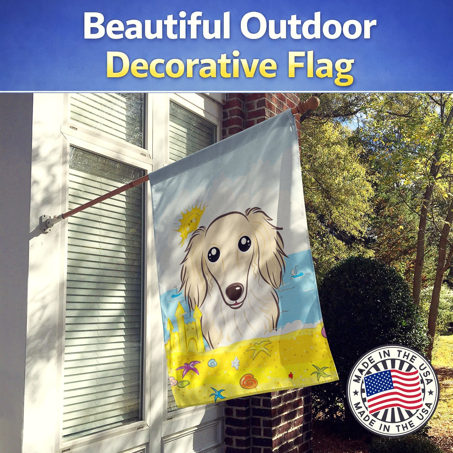 Longhair Creme Dachshund Summer Beach House Flag 28x40 Porch Sleeve Pole Decorative Outside Yard Banner Artwork Wall Hanging, Polyester