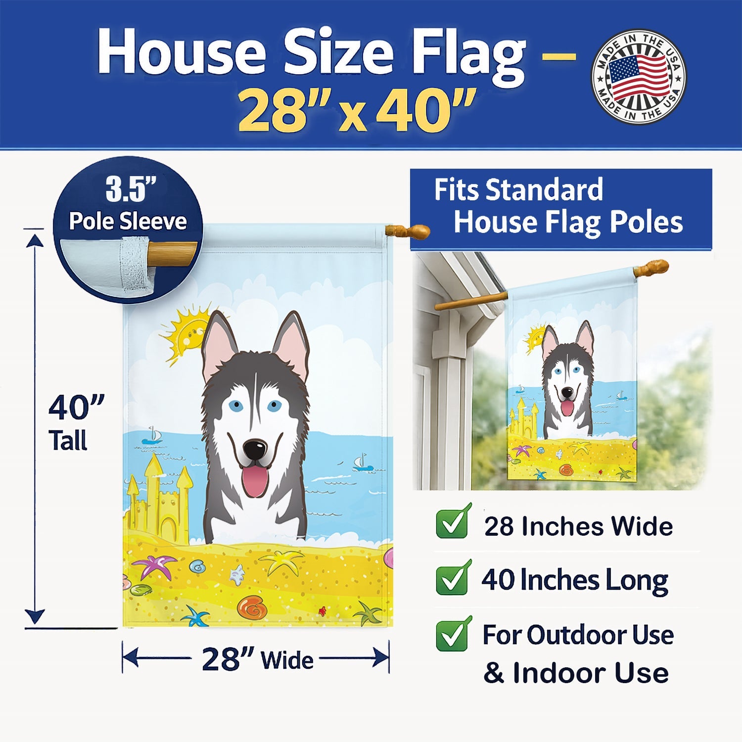 Alaskan Malamute Summer Beach House Flag 28x40 Porch Sleeve Pole Decorative Outside Yard Banner Artwork Wall Hanging, Polyester