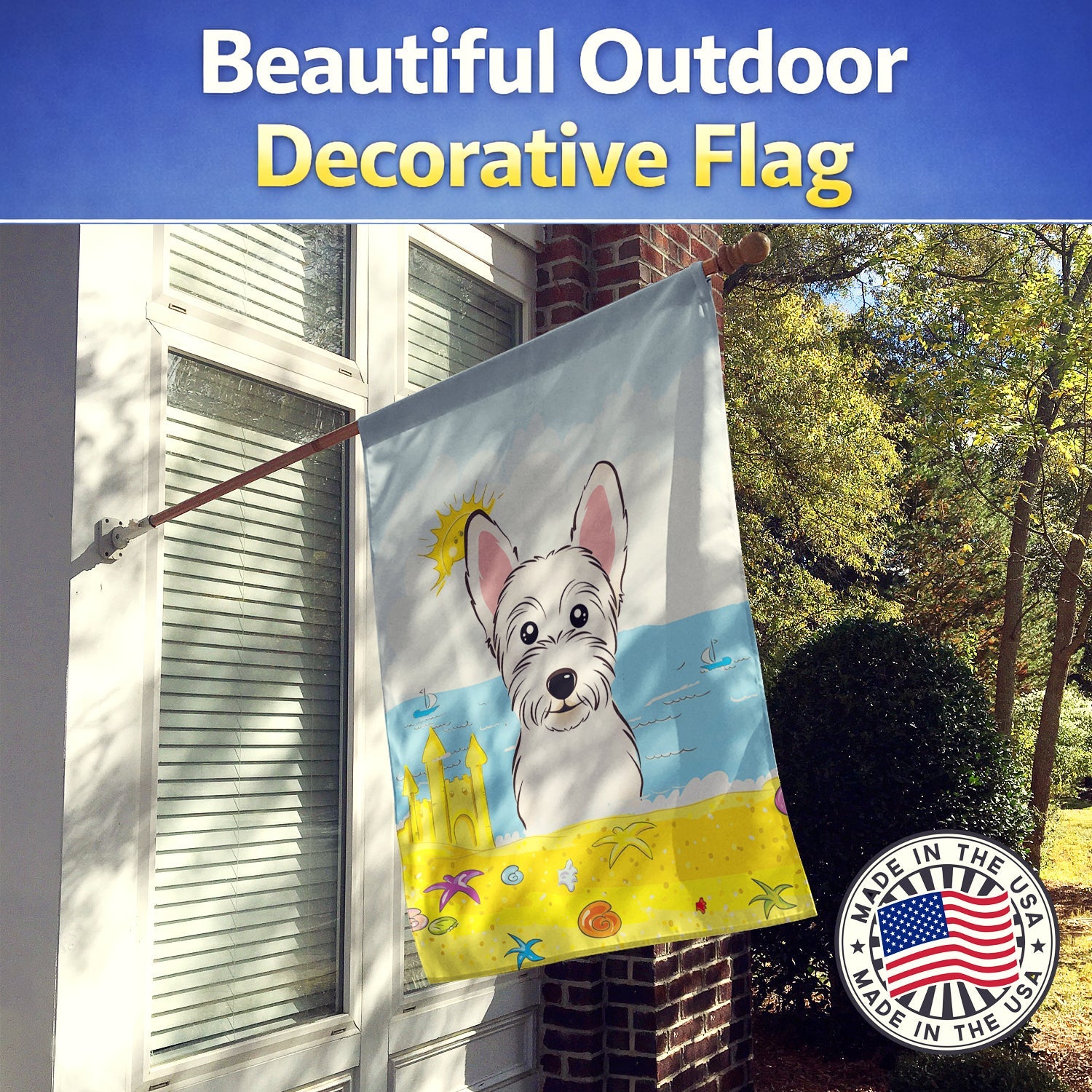 Westie Summer Beach House Flag 28x40 Porch Sleeve Pole Decorative Outside Yard Banner Artwork Wall Hanging, Polyester