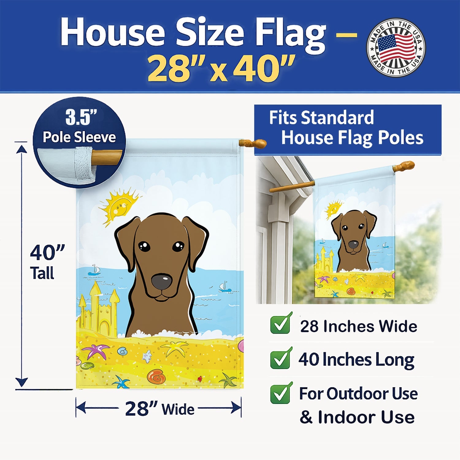 Chocolate Labrador Summer Beach House Flag 28x40 Porch Sleeve Pole Decorative Outside Yard Banner Artwork Wall Hanging, Polyester