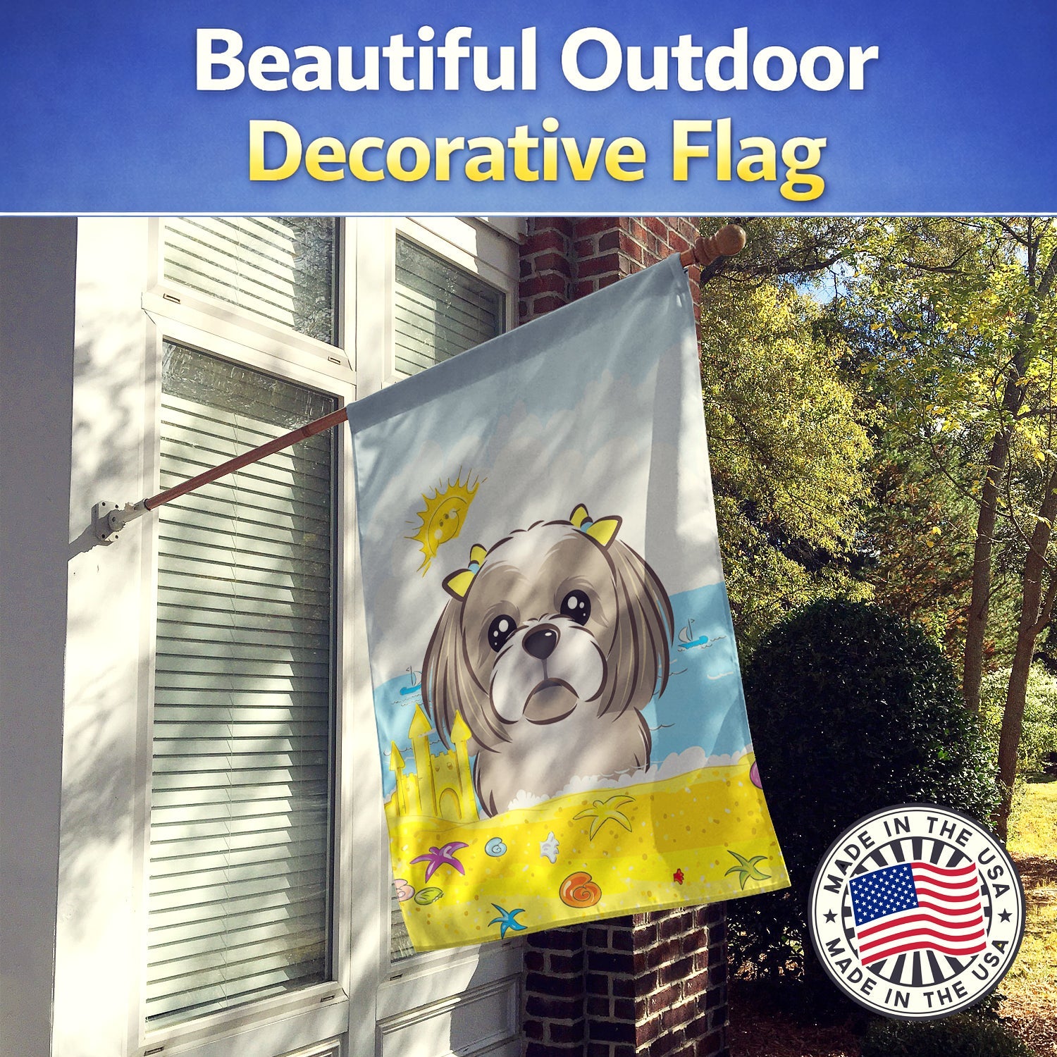 Gray Silver Shih Tzu Summer Beach House Flag 28x40 Porch Sleeve Pole Decorative Outside Yard Banner Artwork Wall Hanging, Polyester