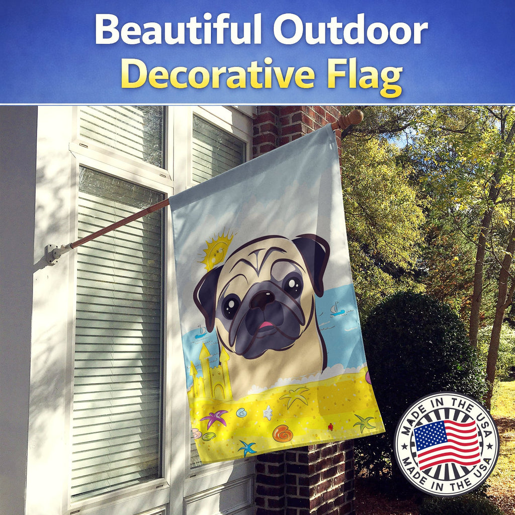 Fawn Pug Summer Beach House Flag 28x40 Porch Sleeve Pole Decorative Outside Yard Banner Artwork Wall Hanging, Polyester