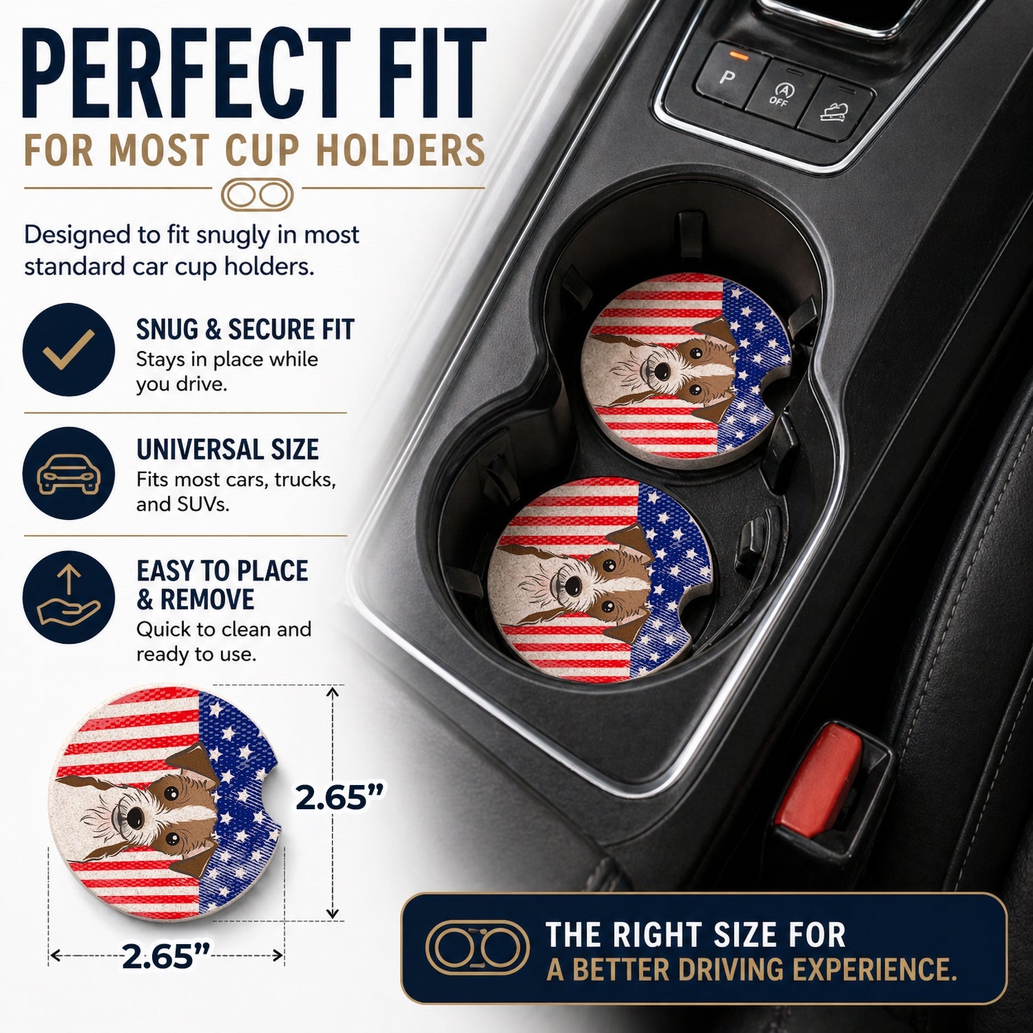 American Flag and Jack Russell Terrier Set of 2 Cup Holder Car Coasters Absorbent Round Sandstone Coasters Gifts for Men or Women, 2.5, Multicolor