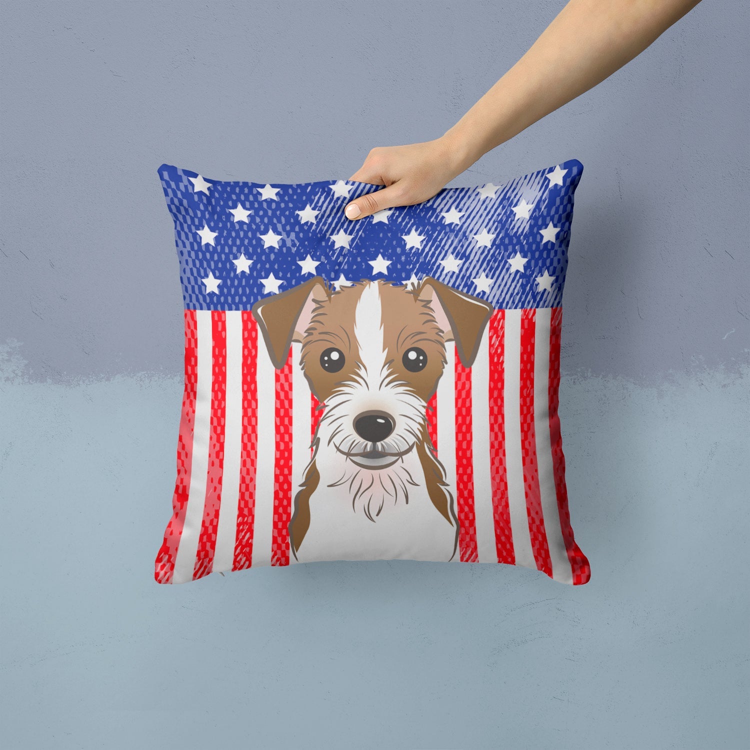 American Flag and Jack Russell Terrier Decorative Throw Pillow 14x14 Indoor Outdoor Accent Cushion, Fabric Cover with Insert for Sofa, Bed, Porch & Living Room