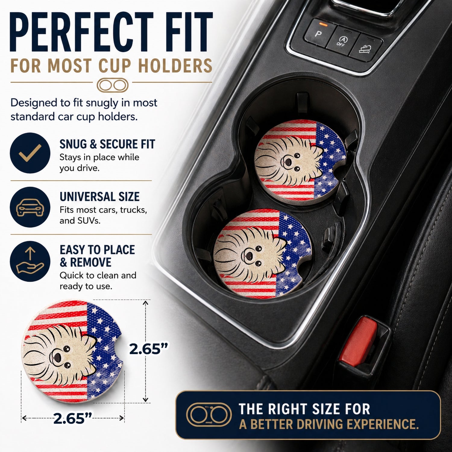 American Flag and Pomeranian Set of 2 Cup Holder Car Coasters Absorbent Round Sandstone Coasters Gifts for Men or Women, 2.5, Multicolor
