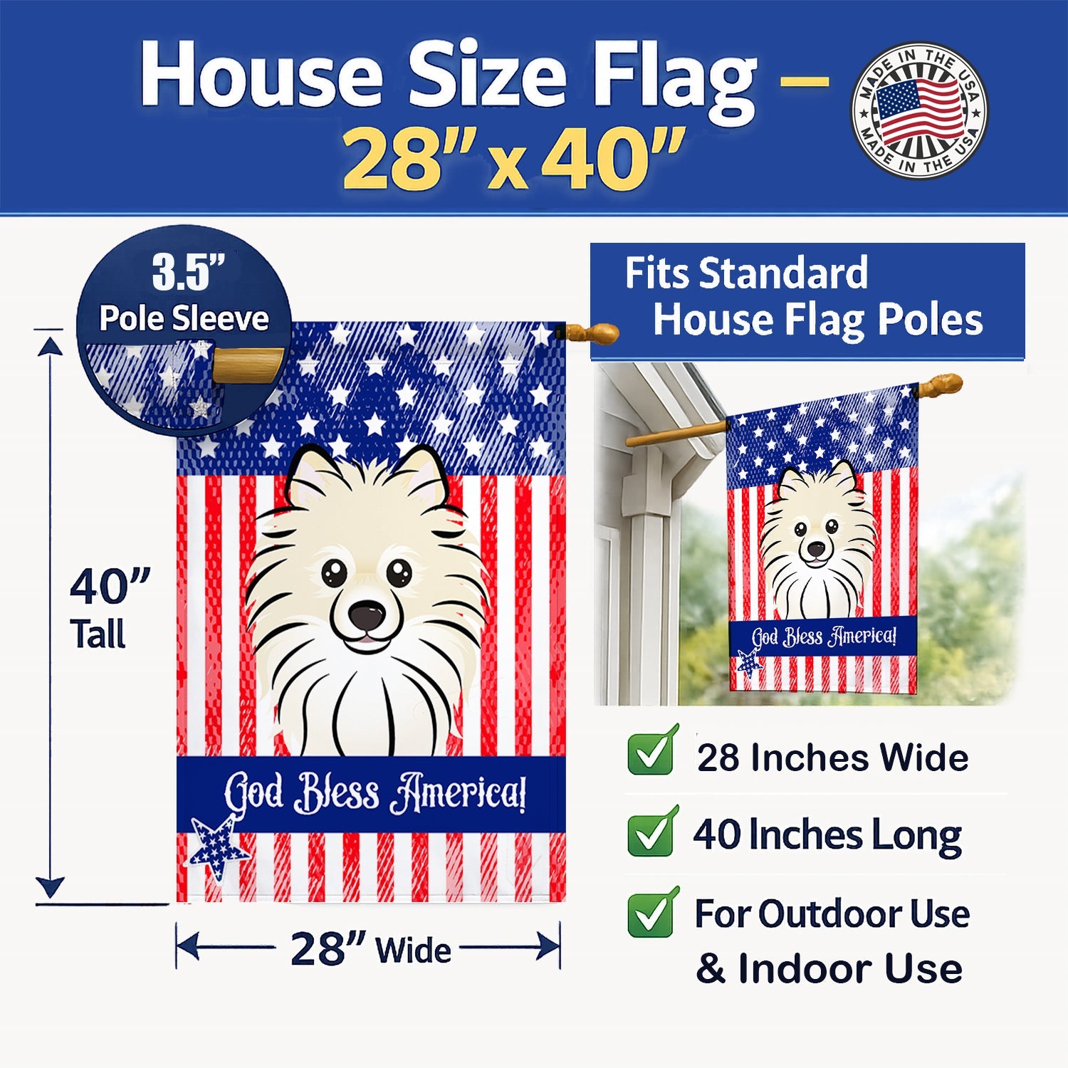 American Flag and Pomeranian House Flag 28x40 Porch Sleeve Pole Decorative Outside Yard Banner Artwork Wall Hanging, Polyester