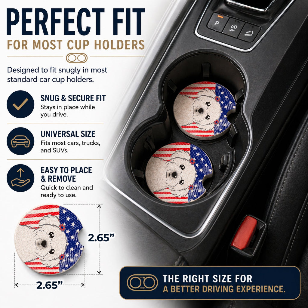 American Flag and Maltese Set of 2 Cup Holder Car Coasters Absorbent Round Sandstone Coasters Gifts for Men or Women, 2.5, Multicolor
