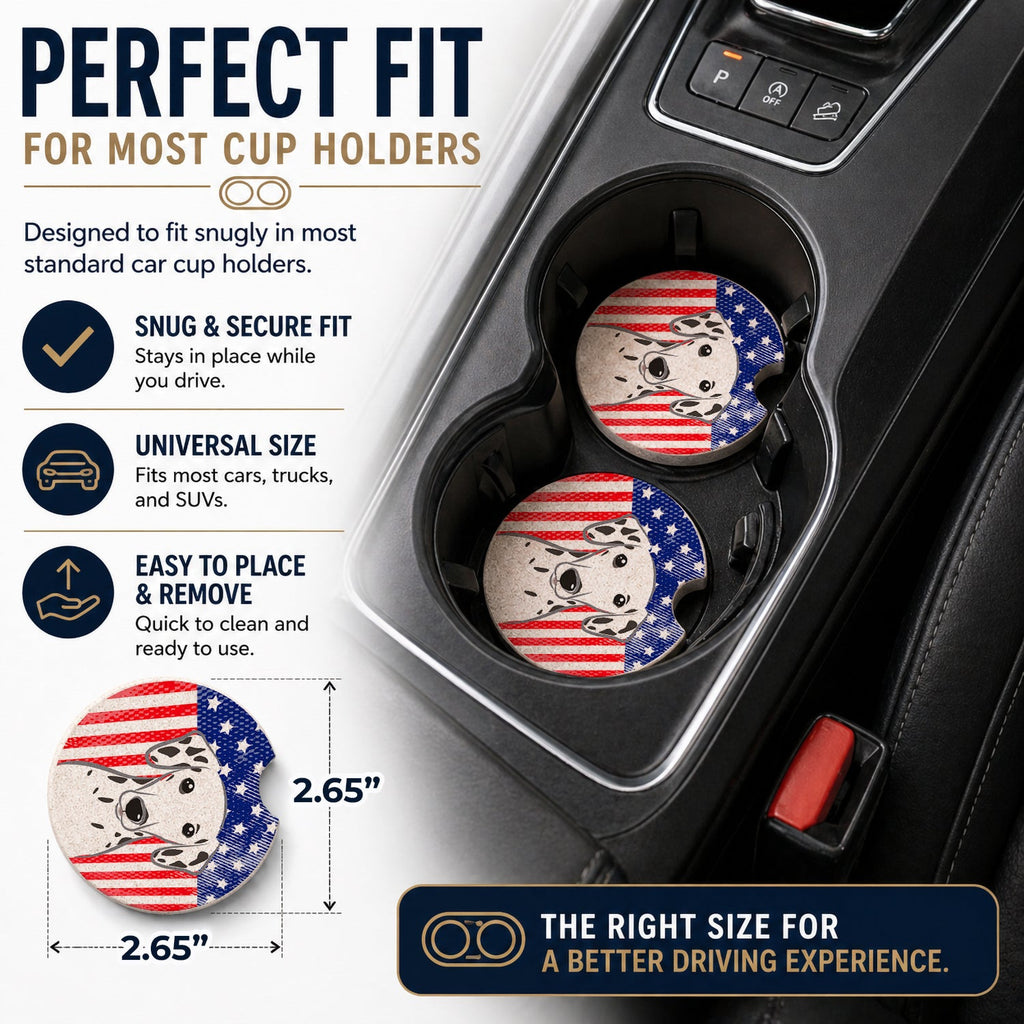 American Flag and Dalmatian Set of 2 Cup Holder Car Coasters Absorbent Round Sandstone Coasters Gifts for Men or Women, 2.5, Multicolor