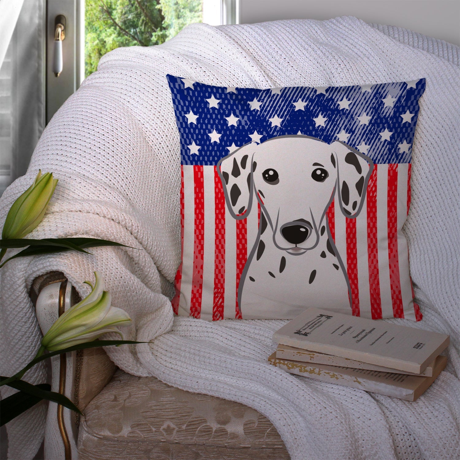 American Flag and Dalmatian Decorative Throw Pillow 14x14 Indoor Outdoor Accent Cushion, Fabric Cover with Insert for Sofa, Bed, Porch & Living Room