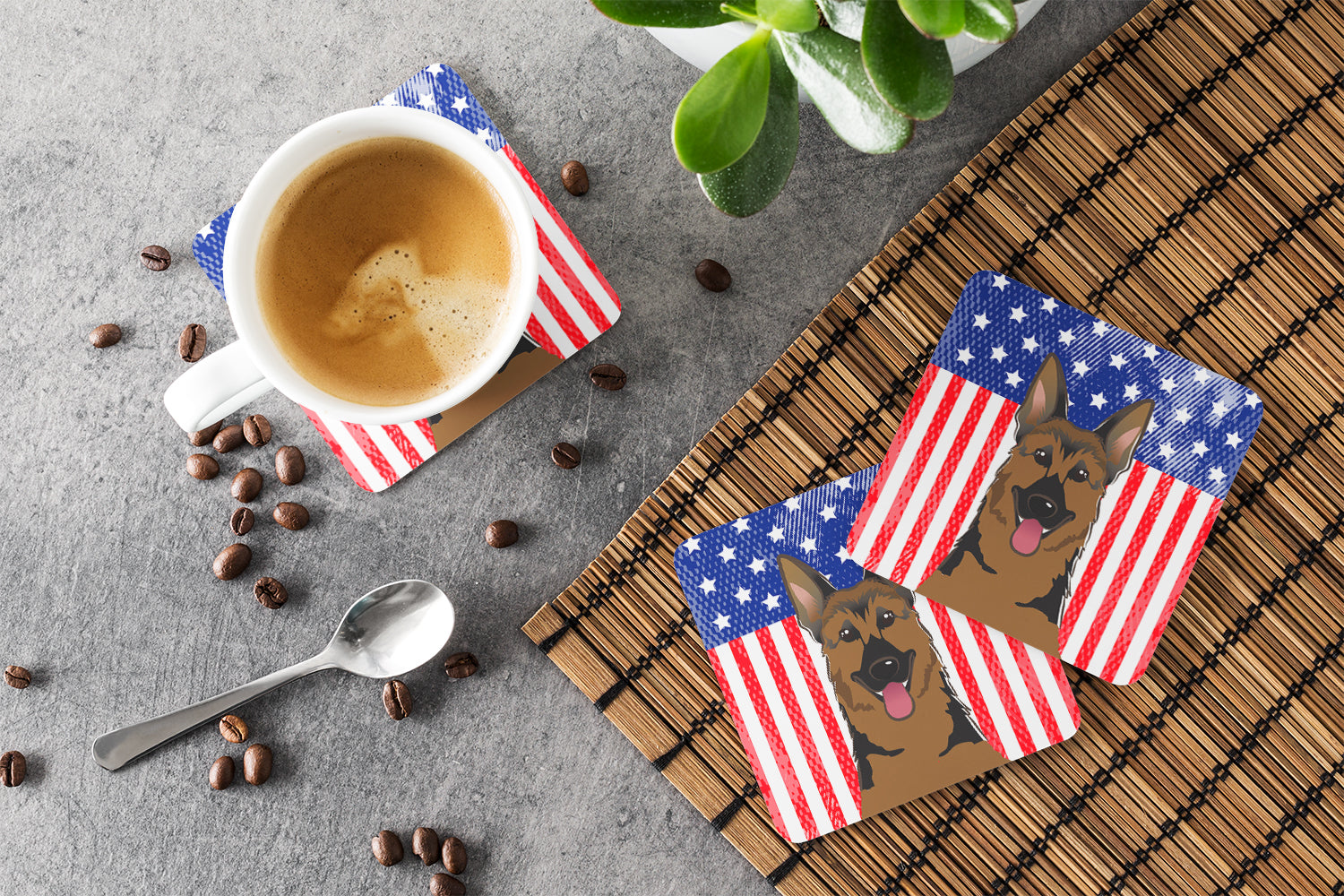 American Flag and German Shepherd Foam Coasters Set of 4 Cup Coasters for Indoor Outdoor, Tabletop Protection, Anti Slip, Mouse pad Material