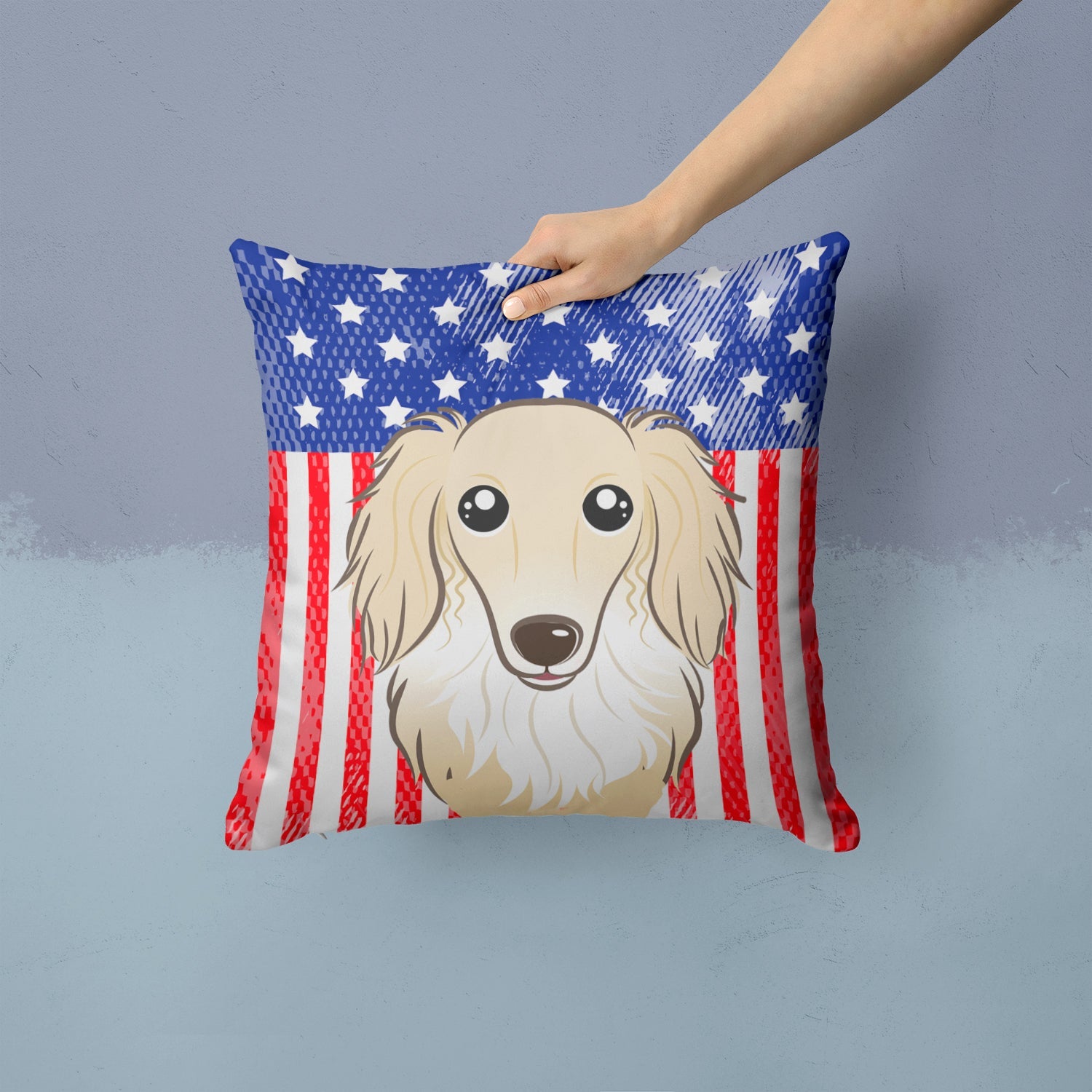 American Flag and Longhair Creme Dachshund Decorative Throw Pillow 14x14 Indoor Outdoor Accent Cushion, Fabric Cover with Insert for Sofa, Bed, Porch & Living Room
