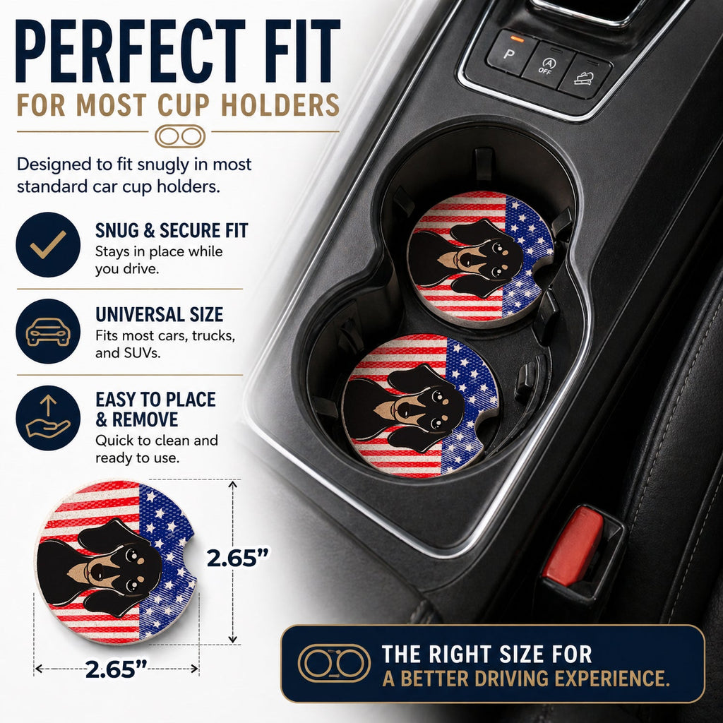 American Flag and Smooth Black and Tan Dachshund Set of 2 Cup Holder Car Coasters Absorbent Round Sandstone Coasters Gifts for Men or Women, 2.5, Multicolor