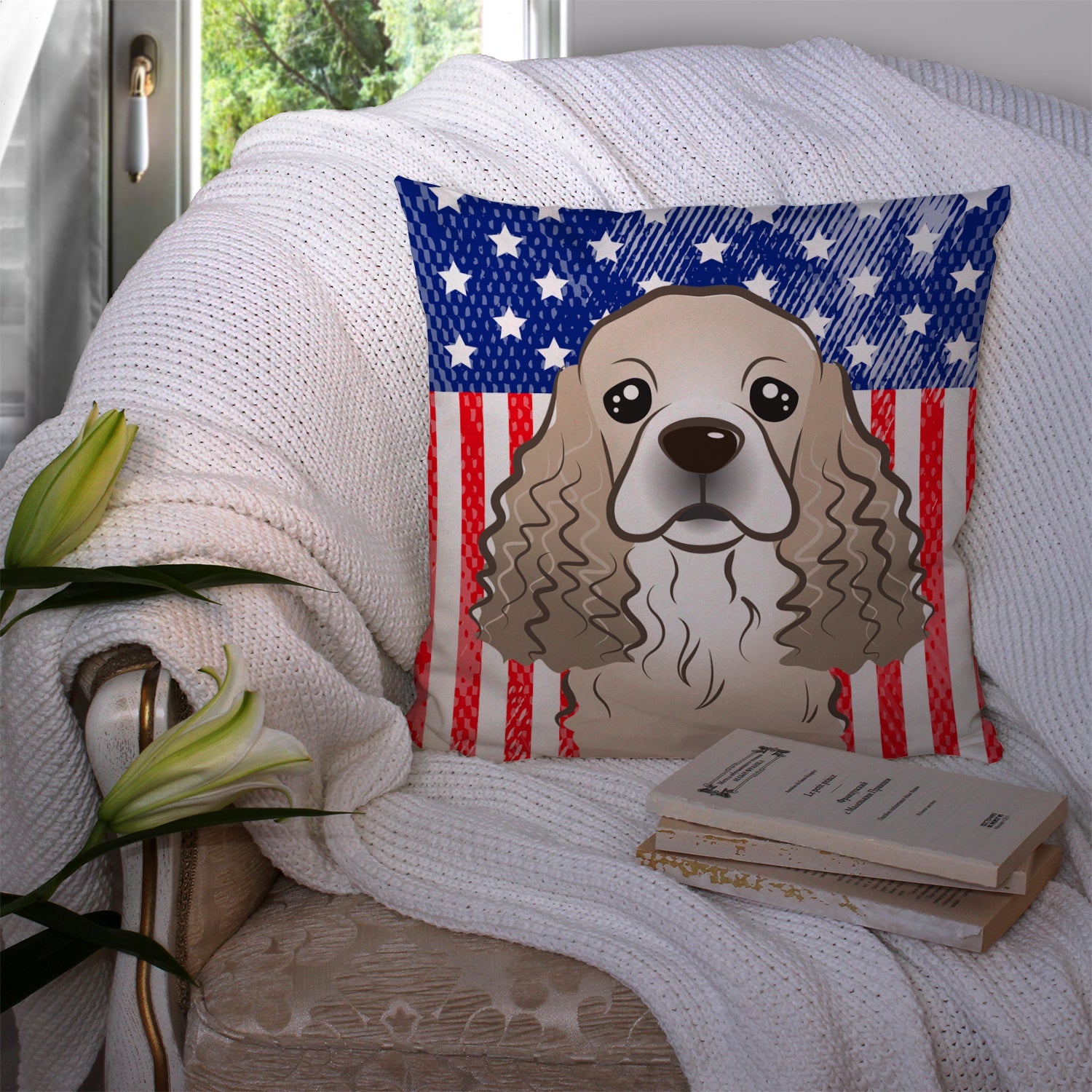 American Flag and Cocker Spaniel Decorative Throw Pillow 14x14 Indoor Outdoor Accent Cushion, Fabric Cover with Insert for Sofa, Bed, Porch & Living Room
